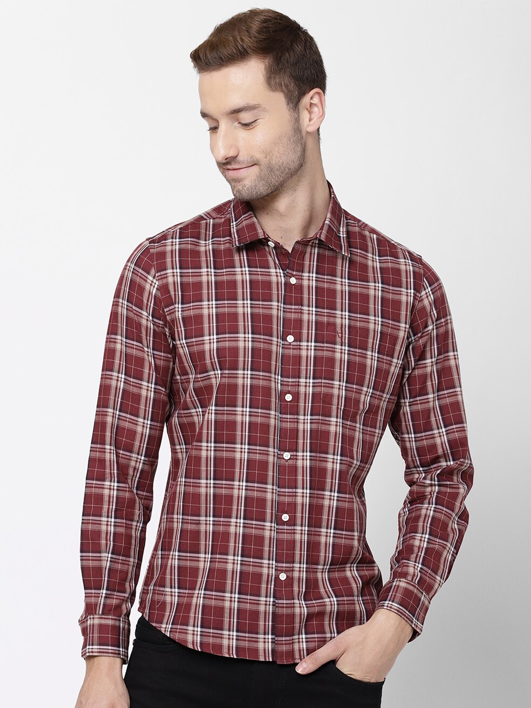 

AD By Arvind Men Maroon Tartan Checks Opaque Checked Casual Shirt