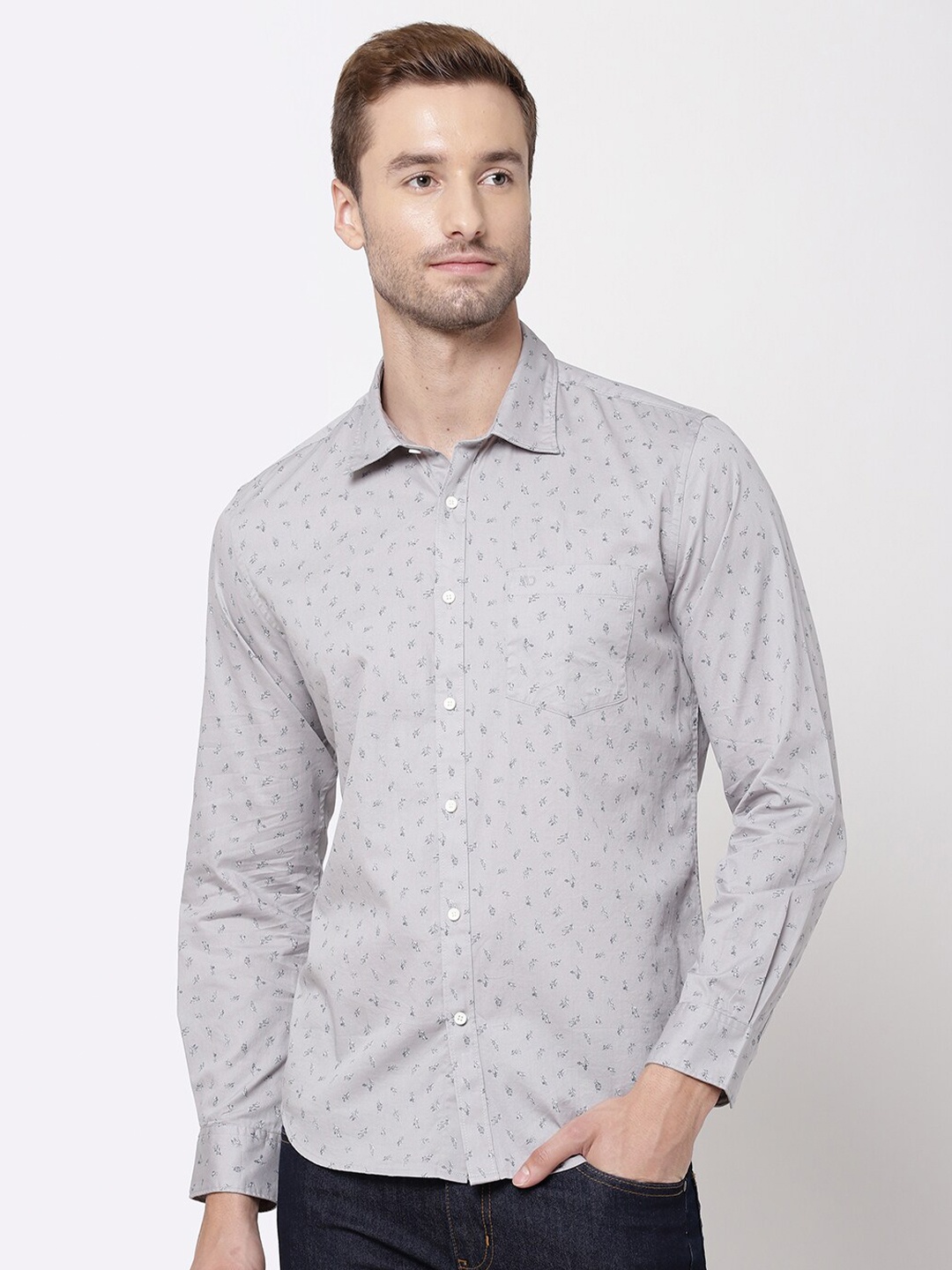 

AD By Arvind Men Grey Floral Printed Cotton Casual Shirt