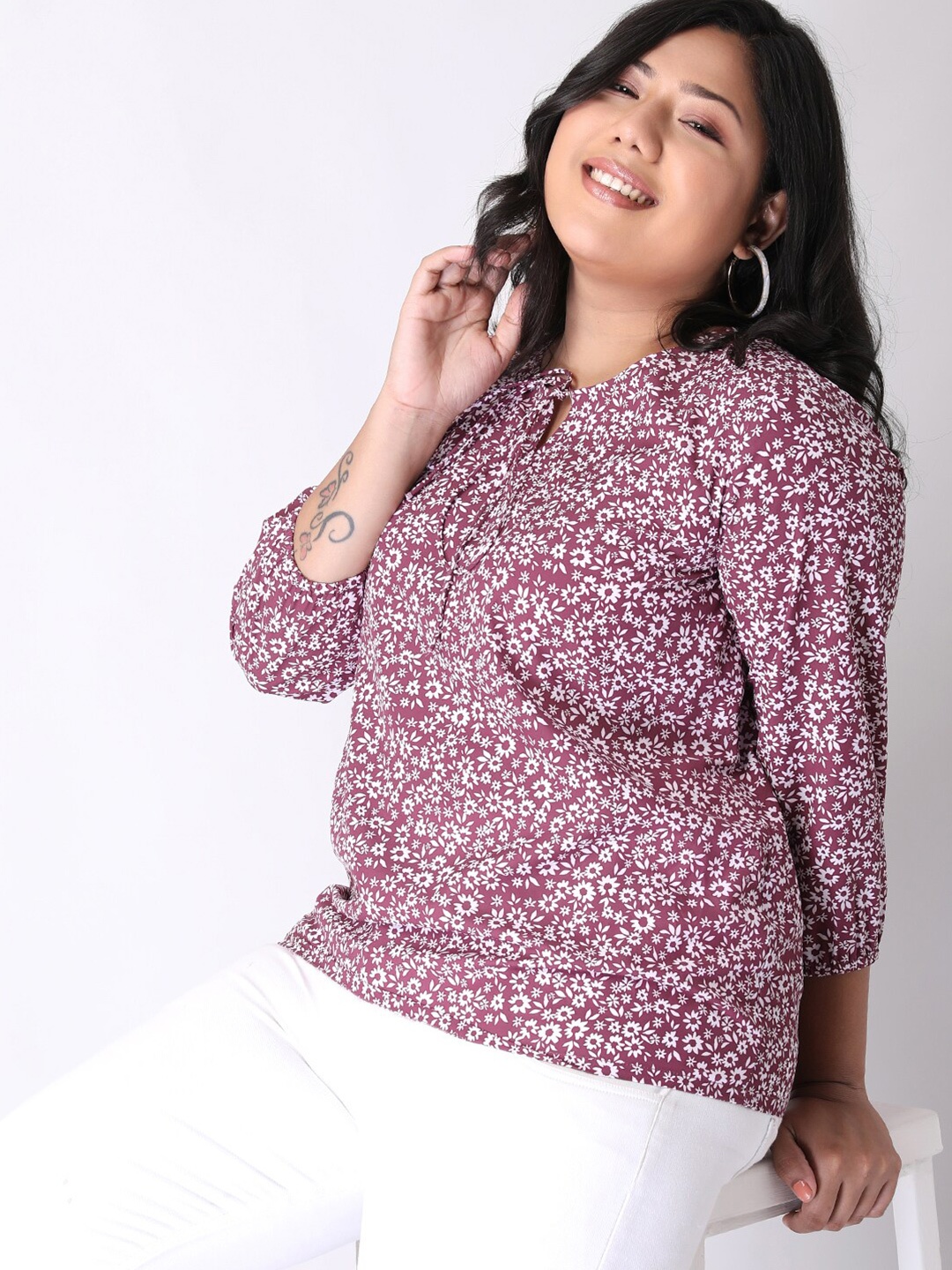 

FabAlley Curve Mauve Ditsy Floral Tie-Up Neck Crepe Regular Top