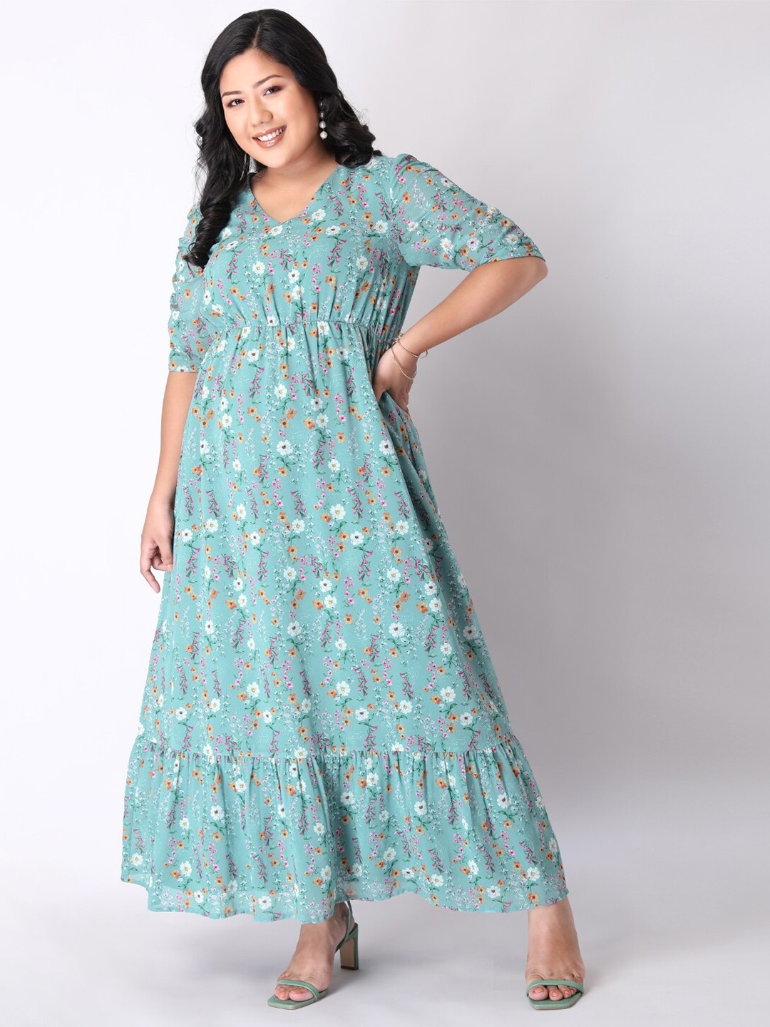 

FabAlley Curve Blue & Pink Floral Puff Sleeves Maxi Dress