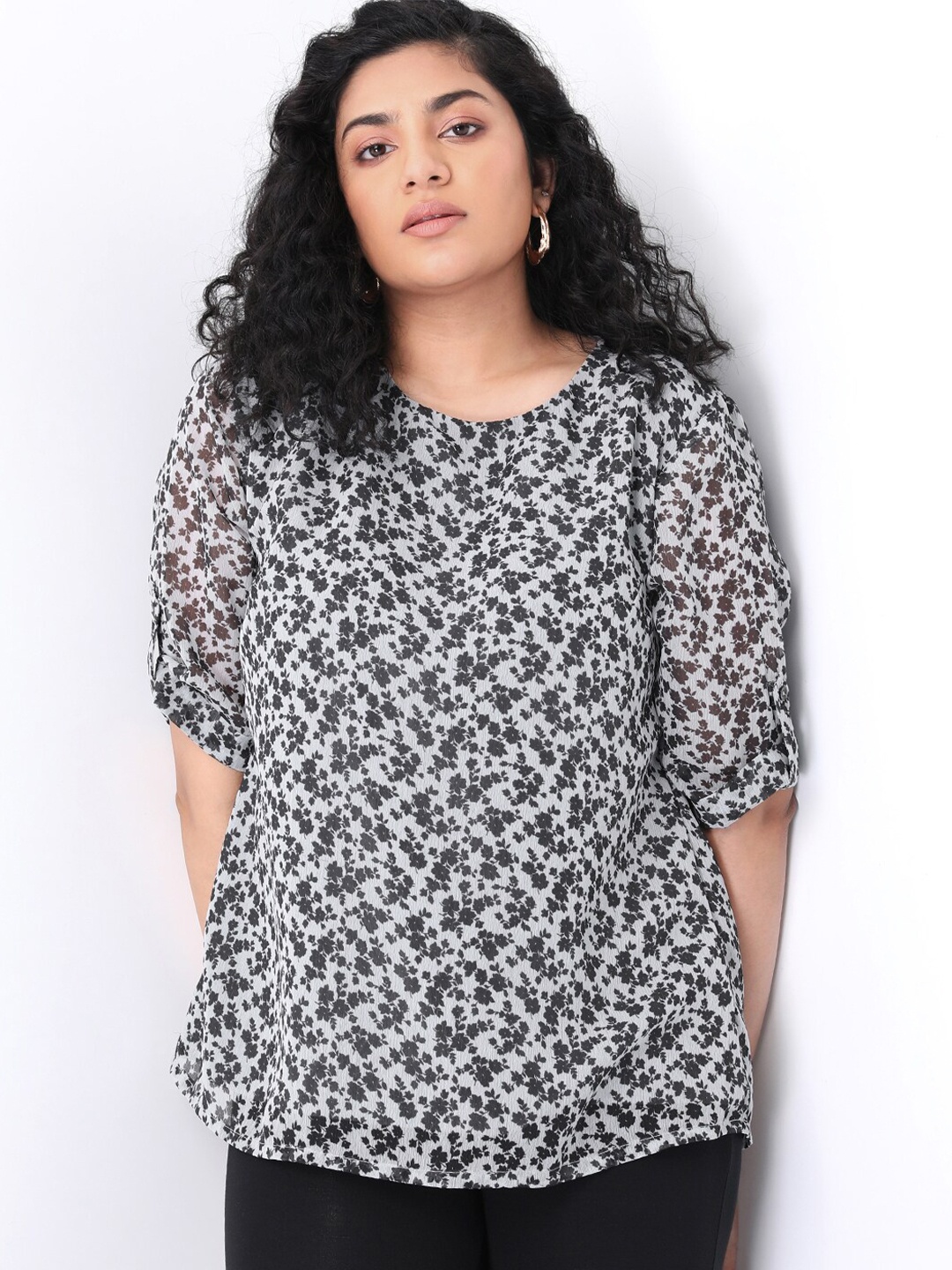 

FabAlley Curve Grey Floral Roll-Up Sleeves Georgette Regular Top