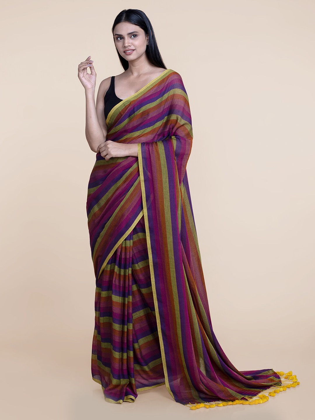

Suta Women Multicolored Mul Cotton Zari Saree With Yellow Tassel, Multi