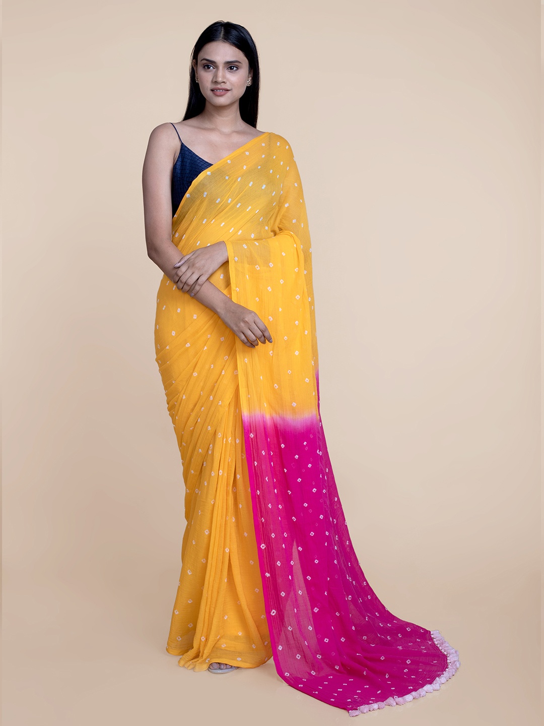 

Suta Yellow & Pink Bandhani Pure Cotton Saree