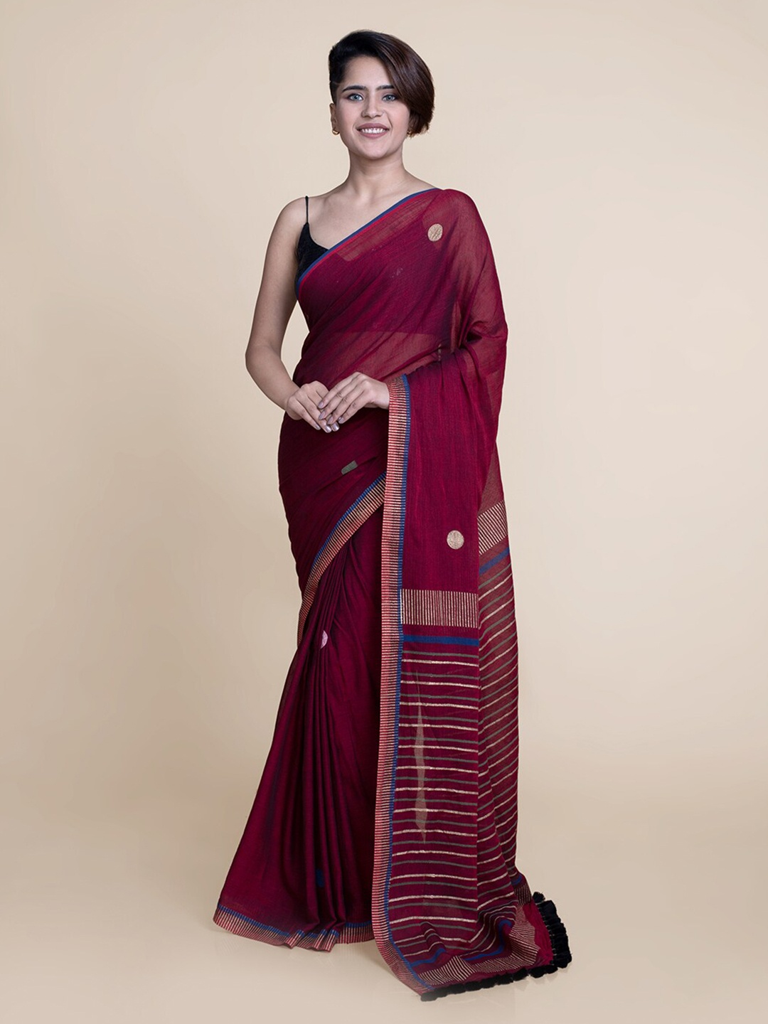 

Suta Maroon Blue Pure Cotton Saree