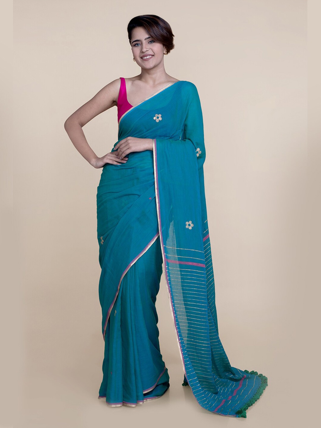 

Suta Women Teal Blue Foil Block Printed Mul Cotton Saree