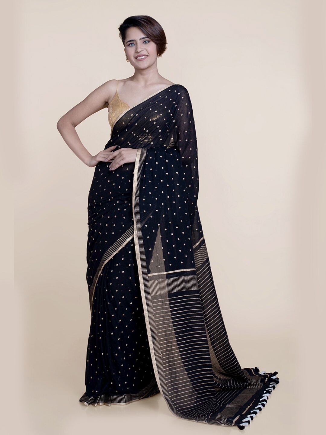 

Suta Black & Gold-Toned Zari Pure Cotton Saree