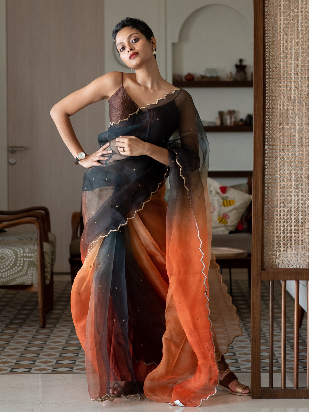 

Suta Orange & Brown Organza Metal Sequine Ombre Saree