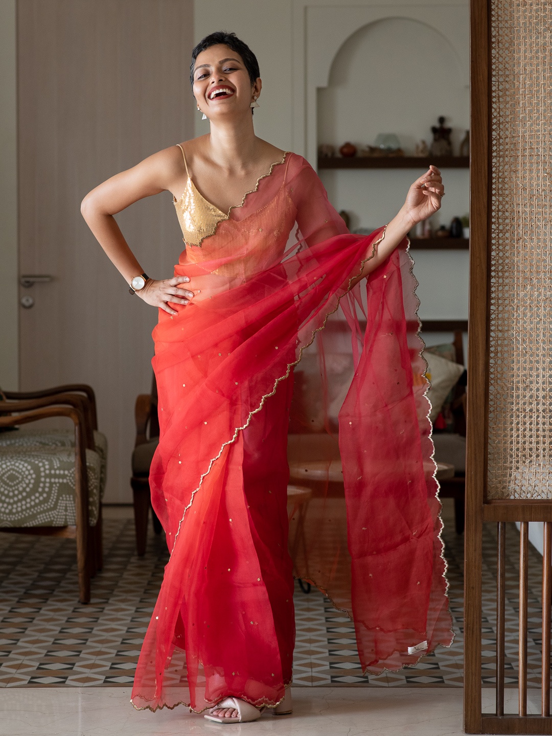 

Suta Orange & Pink Organza Metal Sequin Ombre Saree