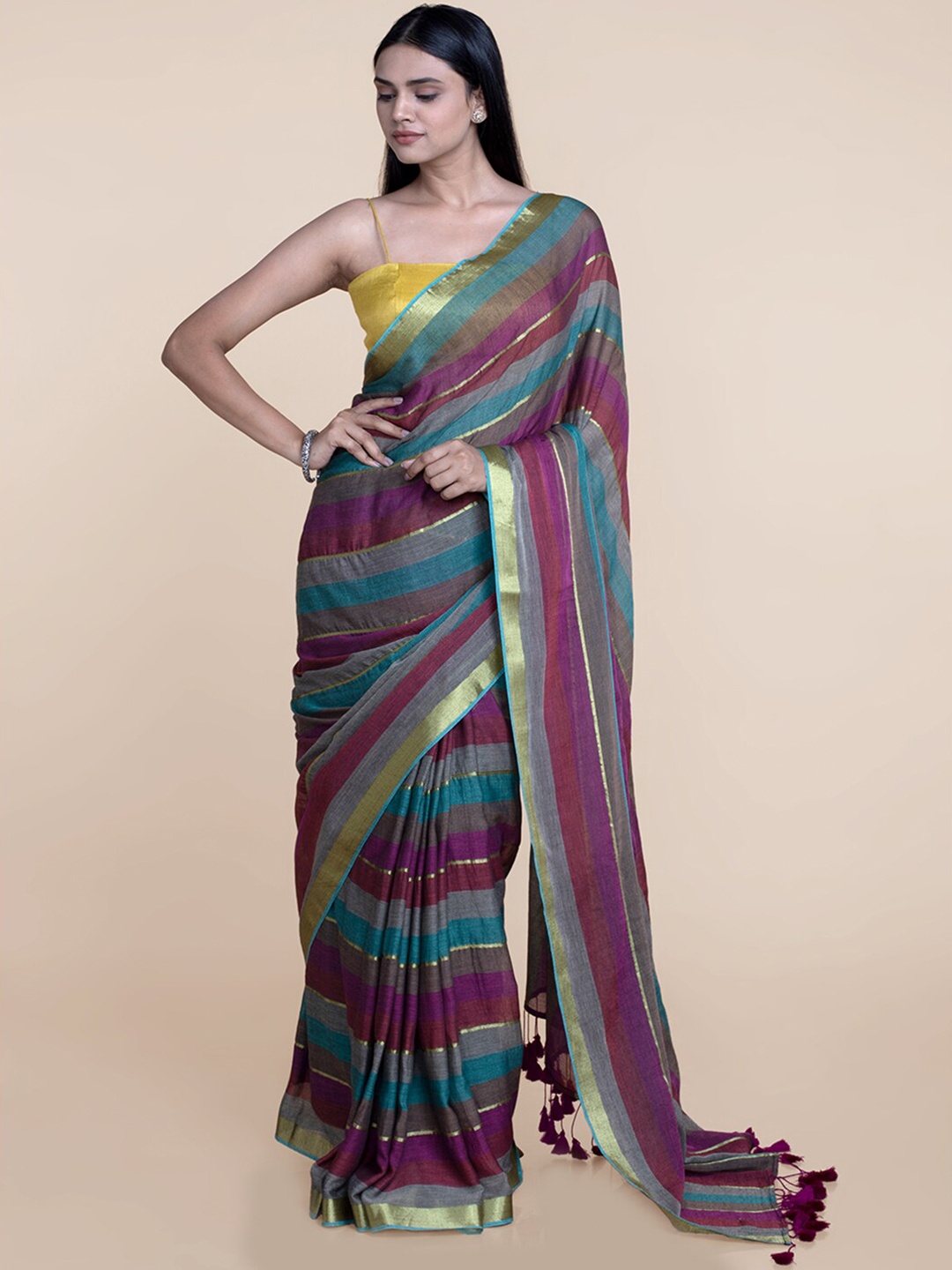 

Suta Women Multicolored Mul Cotton Zari Saree With Purple Tassles, Multi