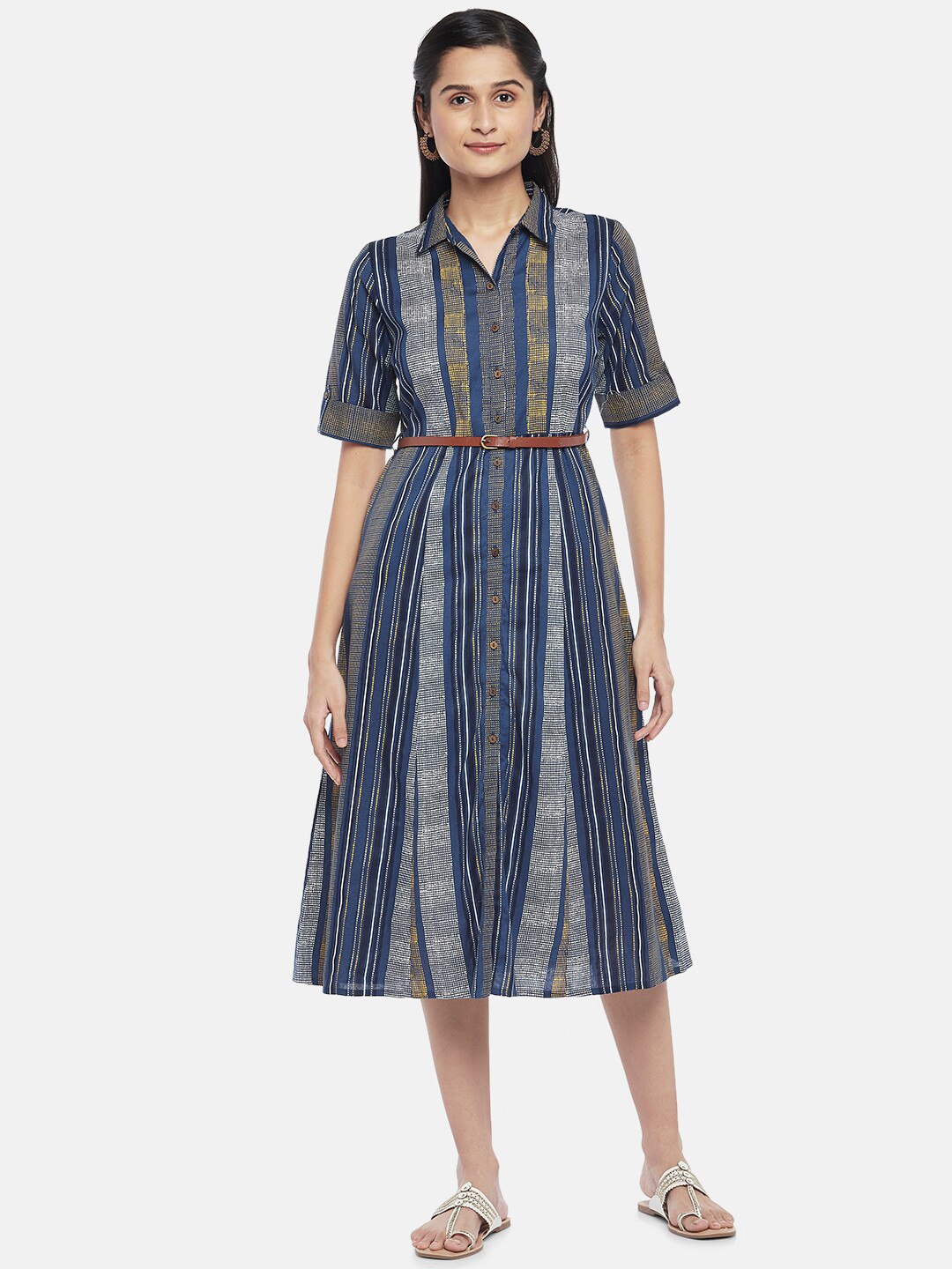 

AKKRITI BY PANTALOONS Blue & White Striped Shirt Midi Dress