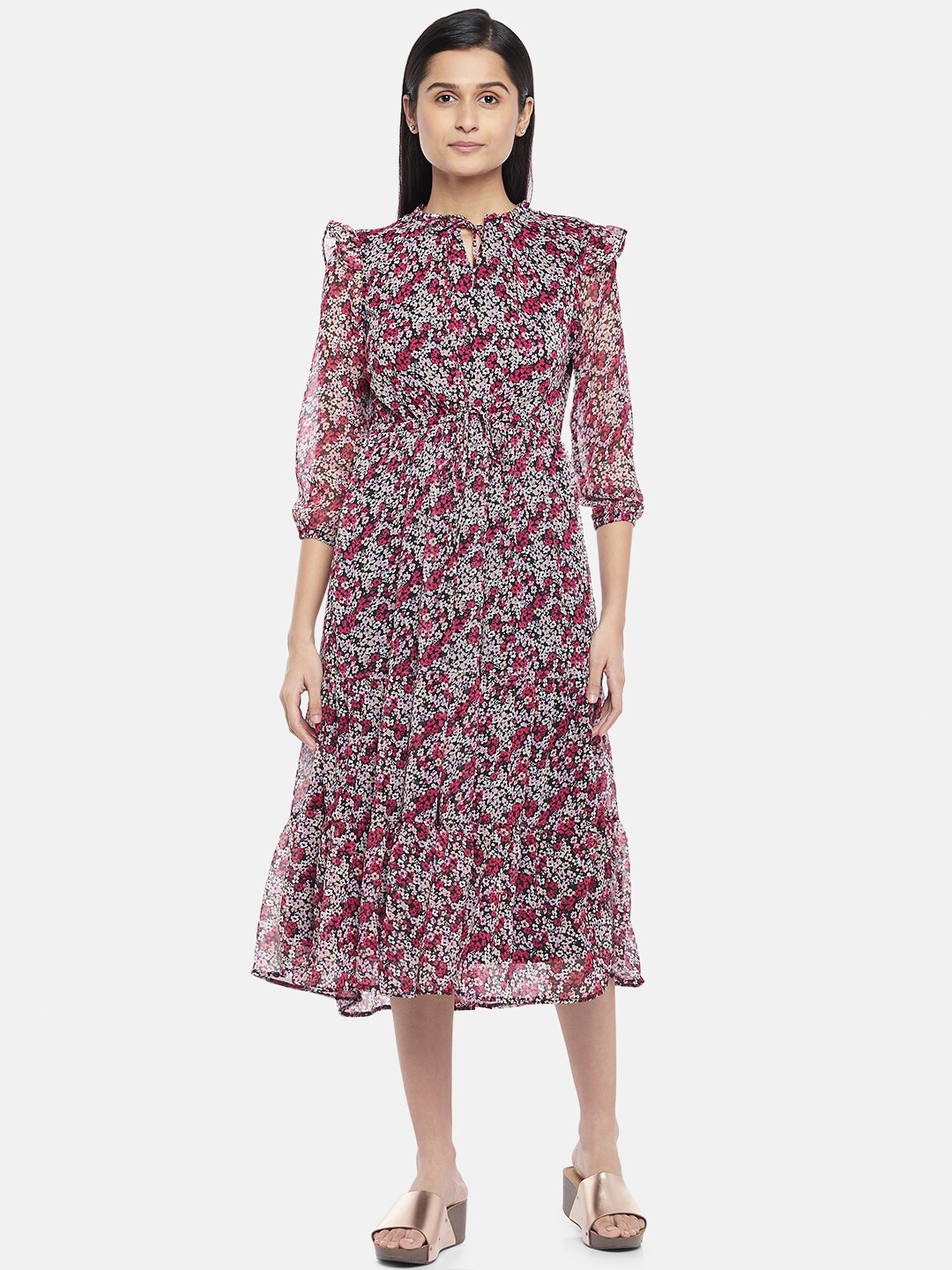 

Honey by Pantaloons Black & White Floral Tie-Up Neck Midi Dress