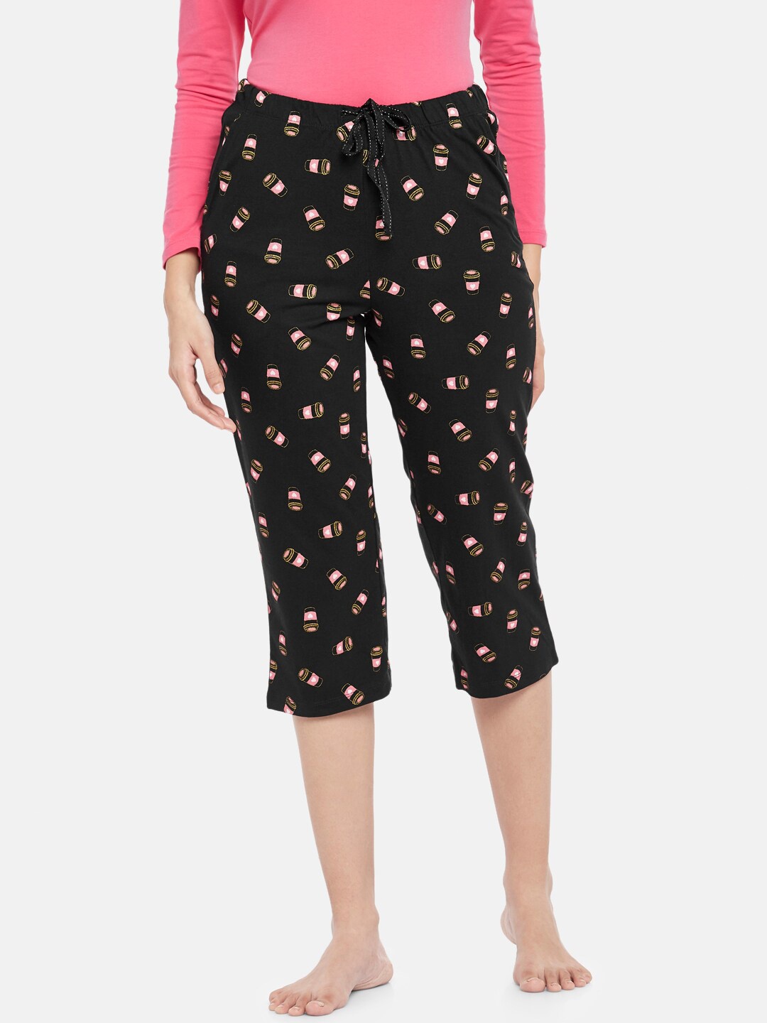 

Dreamz by Pantaloons Women Black & Pink Printed Lounge Capris