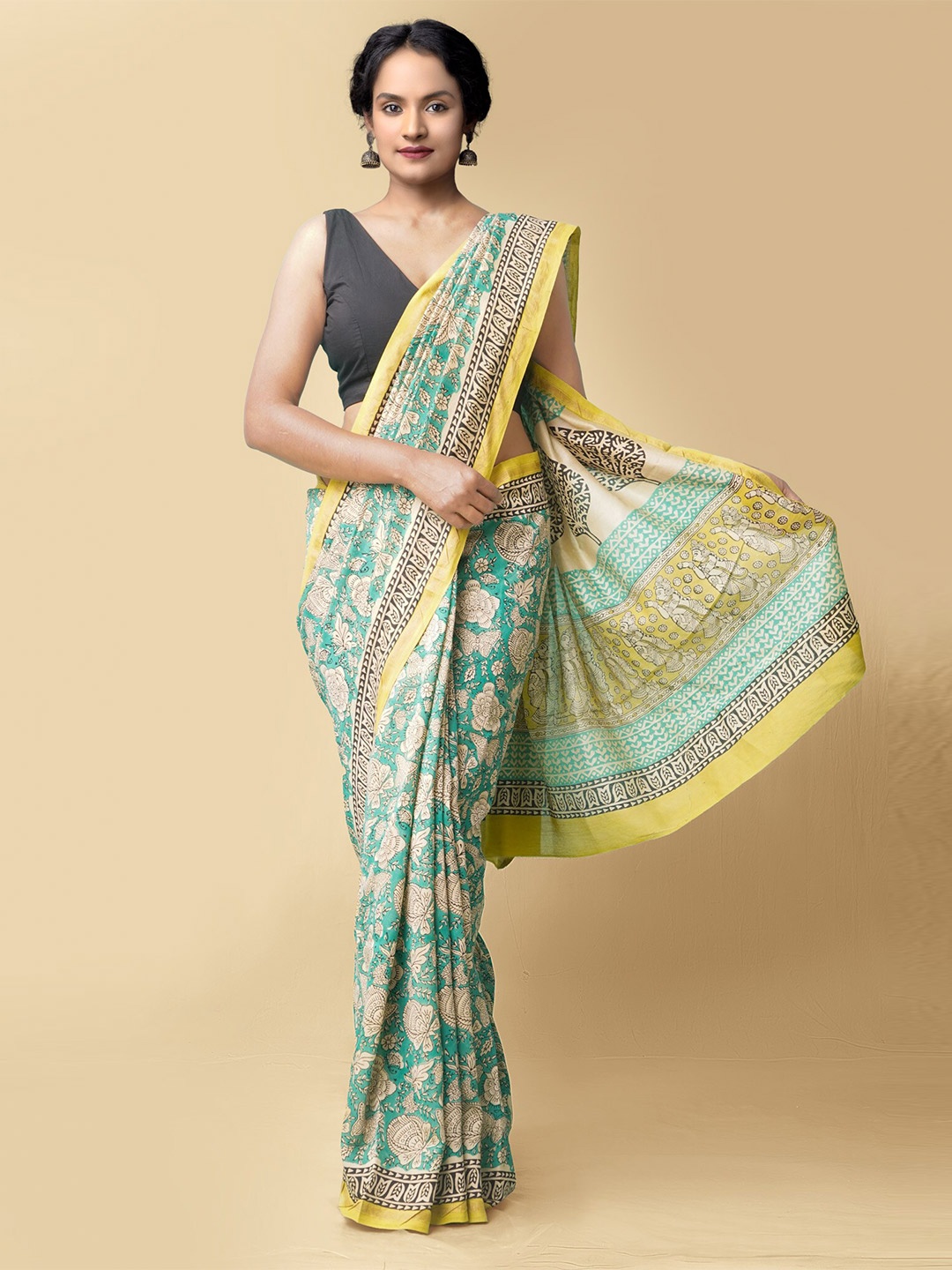 

Unnati Silks Green & Beige Floral Silk Cotton Chanderi Saree