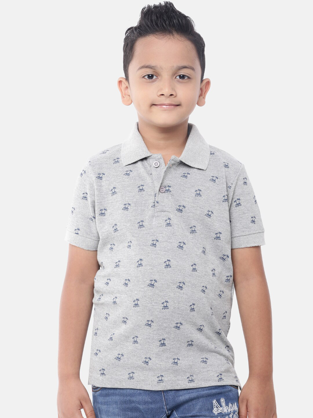 

PIPIN Boys Grey Melange Printed Polo Collar Pockets T-shirt