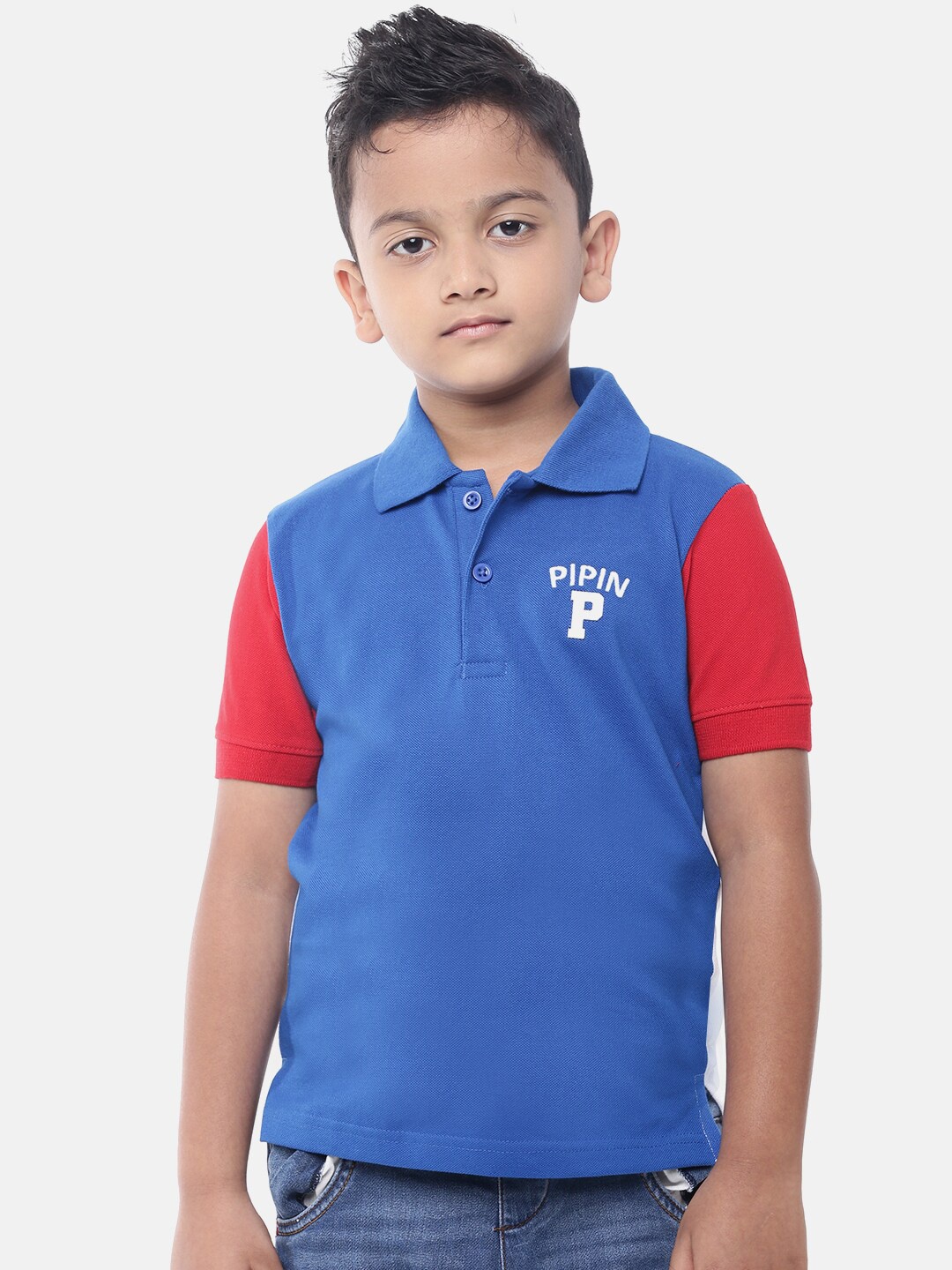 

PIPIN Boys Blue Colourblocked Cotton Polo Collar Applique T-shirt