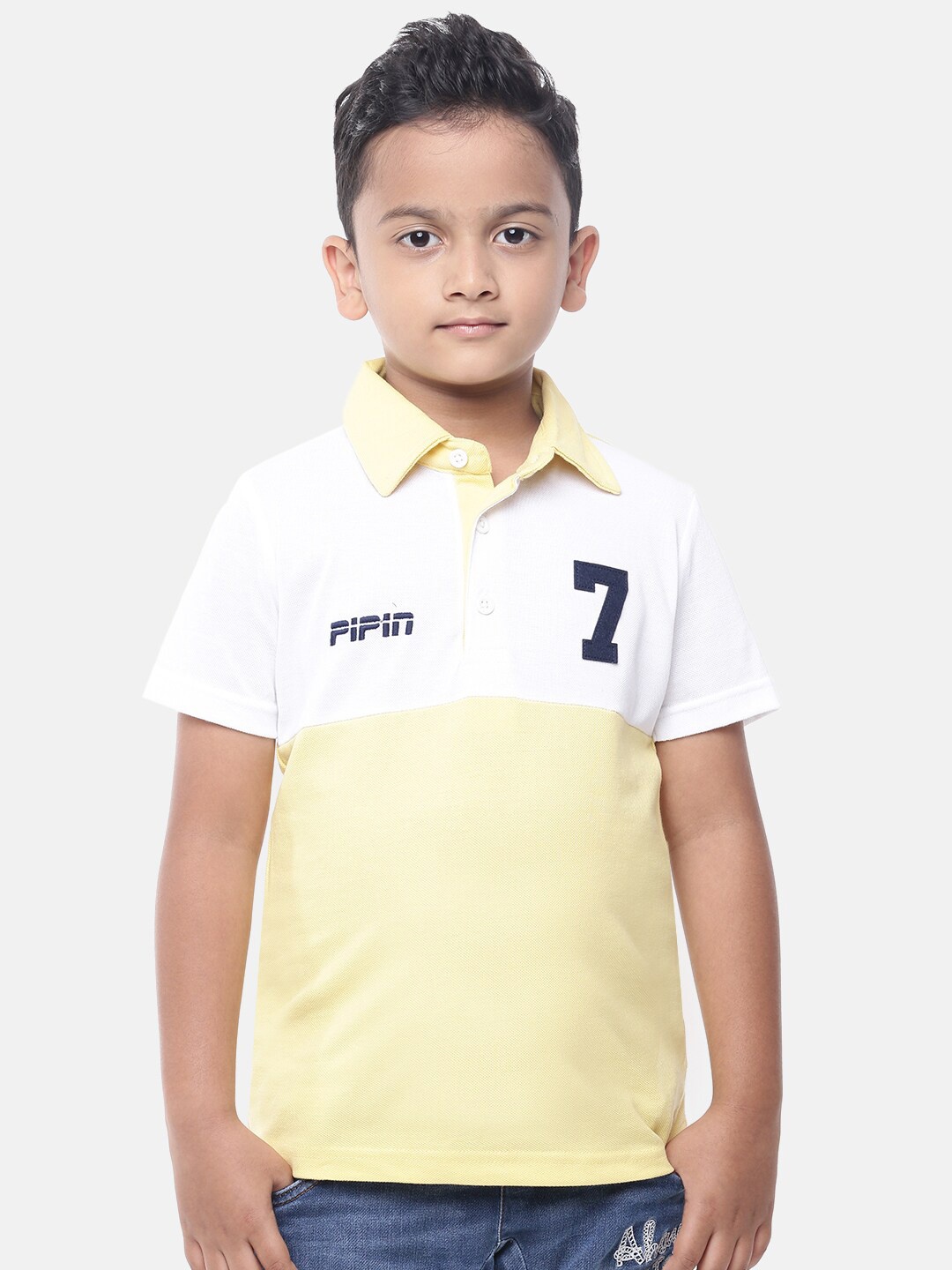 

PIPIN Boys Yellow & White Colourblocked Polo Collar Applique Pure Cotton T-shirt