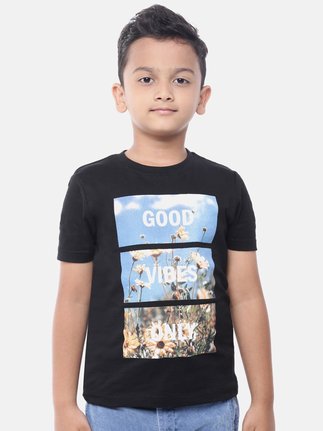 

PIPIN Boys Black & Blue Printed Pure Cotton T-shirt