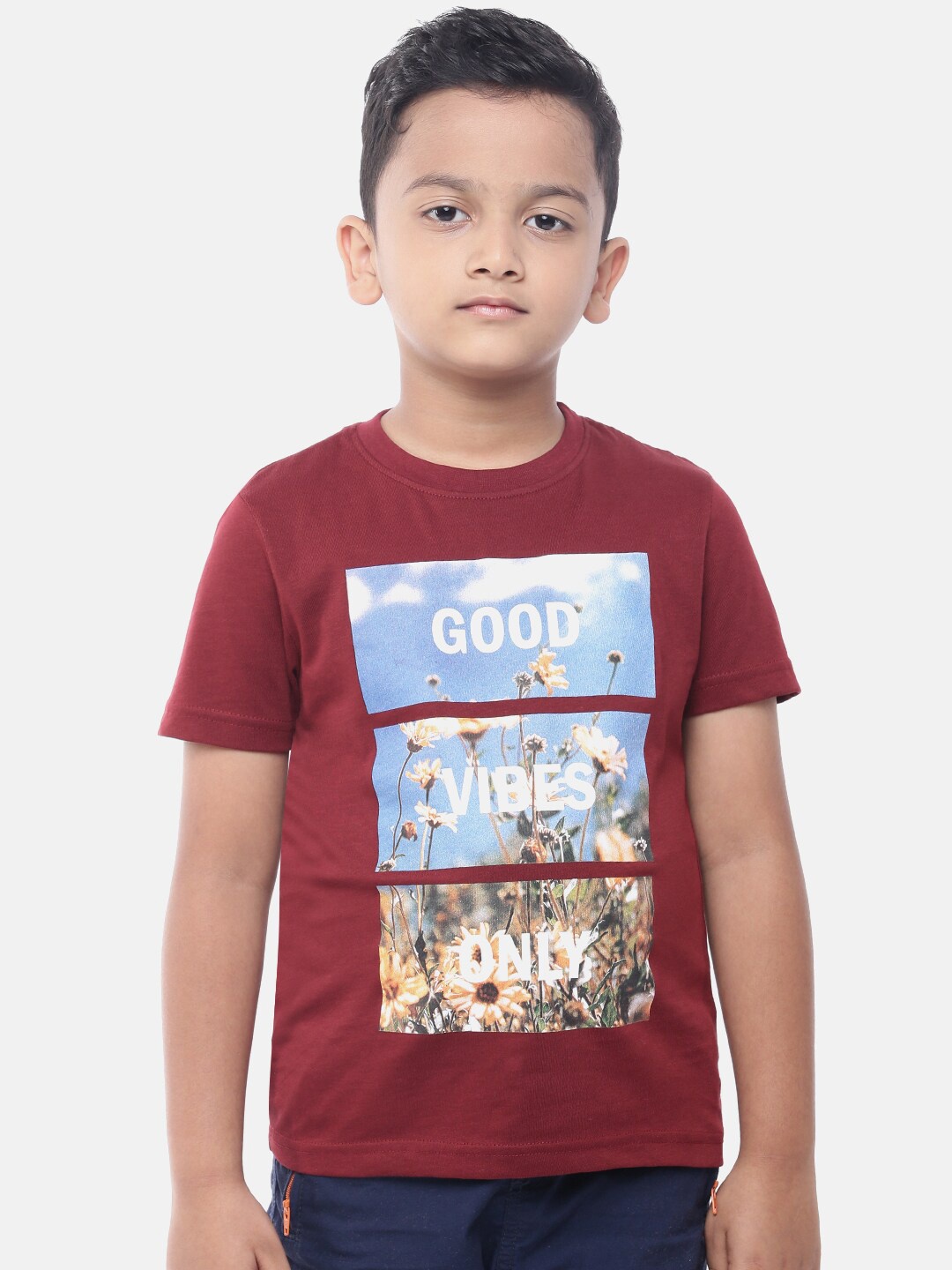 

PIPIN Boys Maroon & Blue Graphic Printed Pure Cototn T-shirt