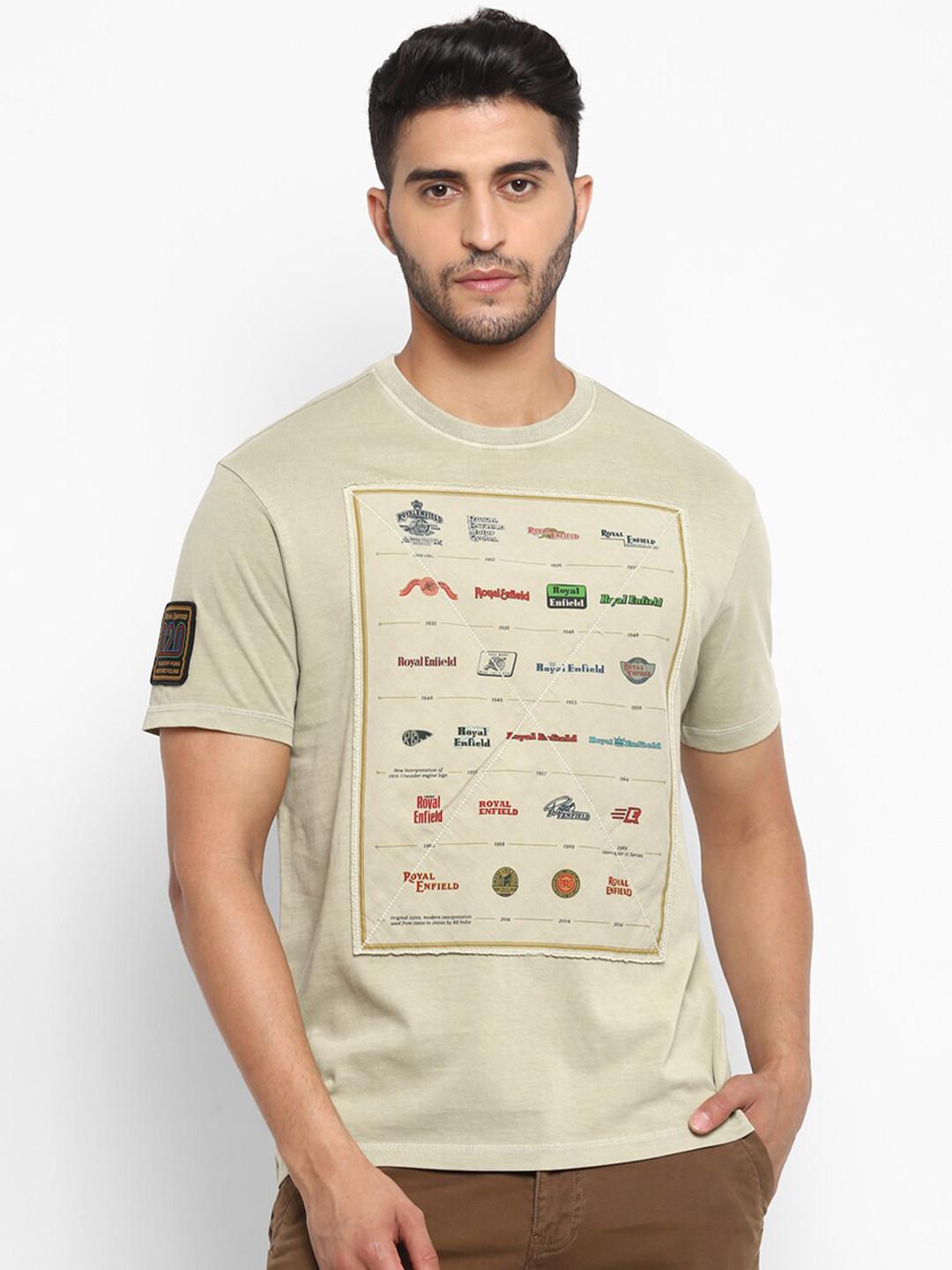 

Royal Enfield Men Olive Green Typography Printed Cotton Applique T-shirt