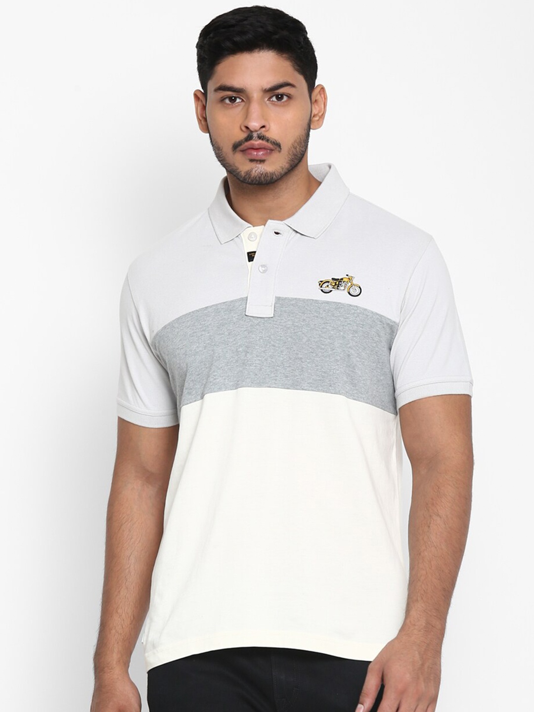 

Royal Enfield Men Grey Colourblocked Polo Collar Applique T-shirt