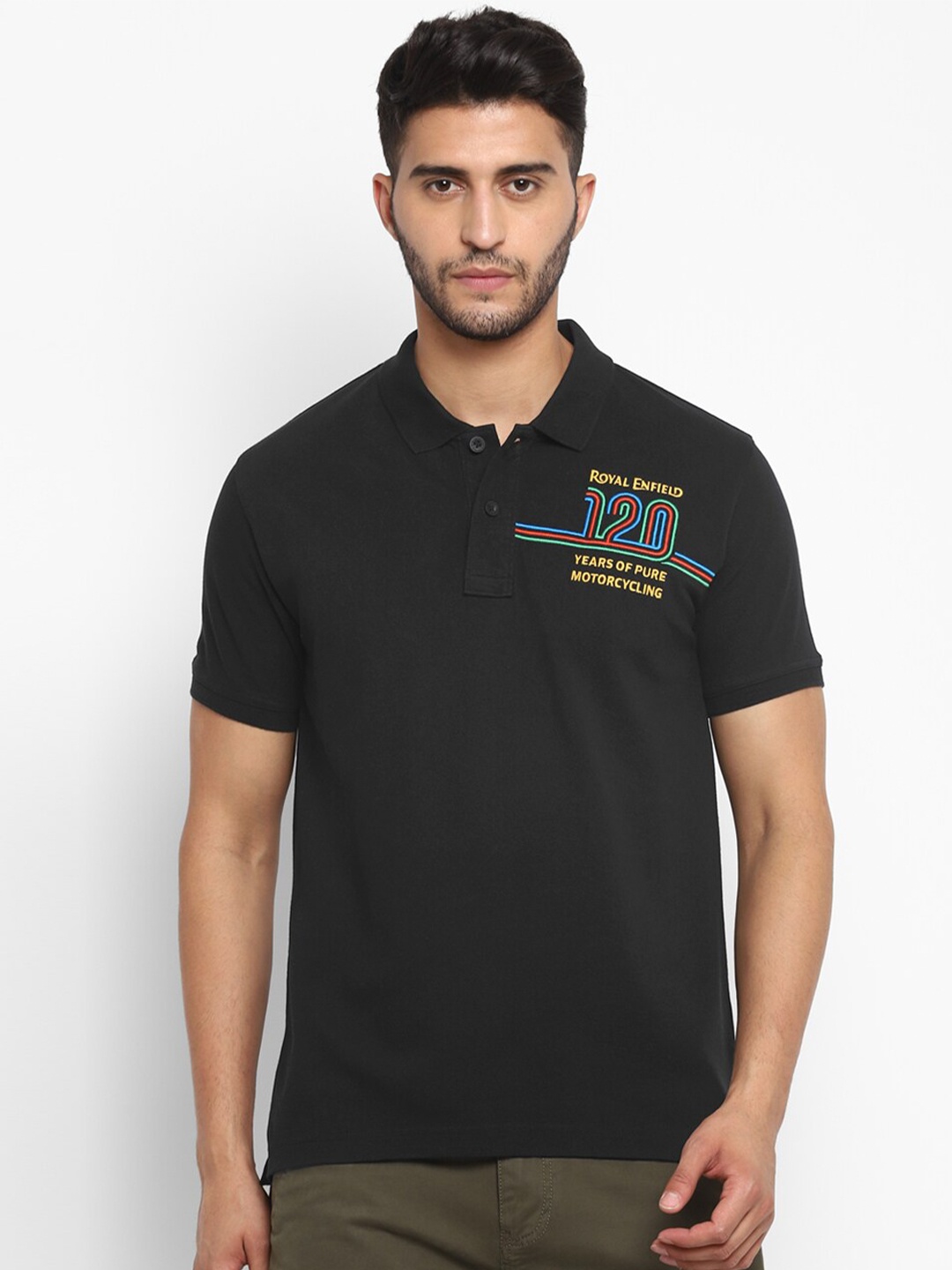

Royal Enfield Men Black Typography Polo Collar Applique T-shirt