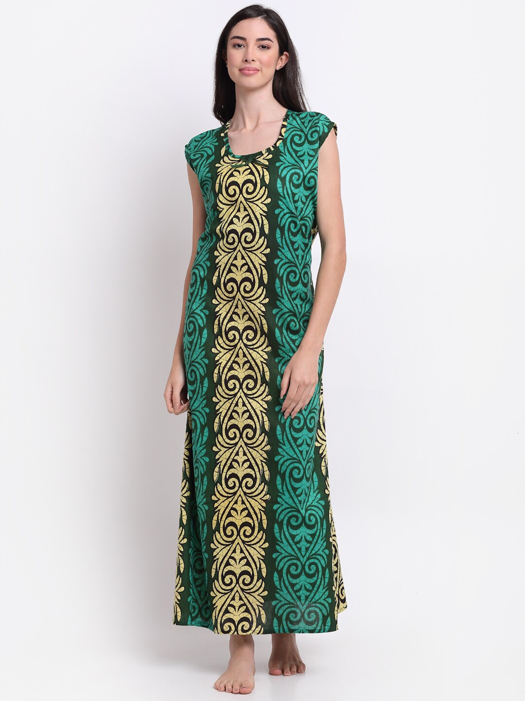 

Secret Wish Green Pure Cotton Printed Maxi Nightdress