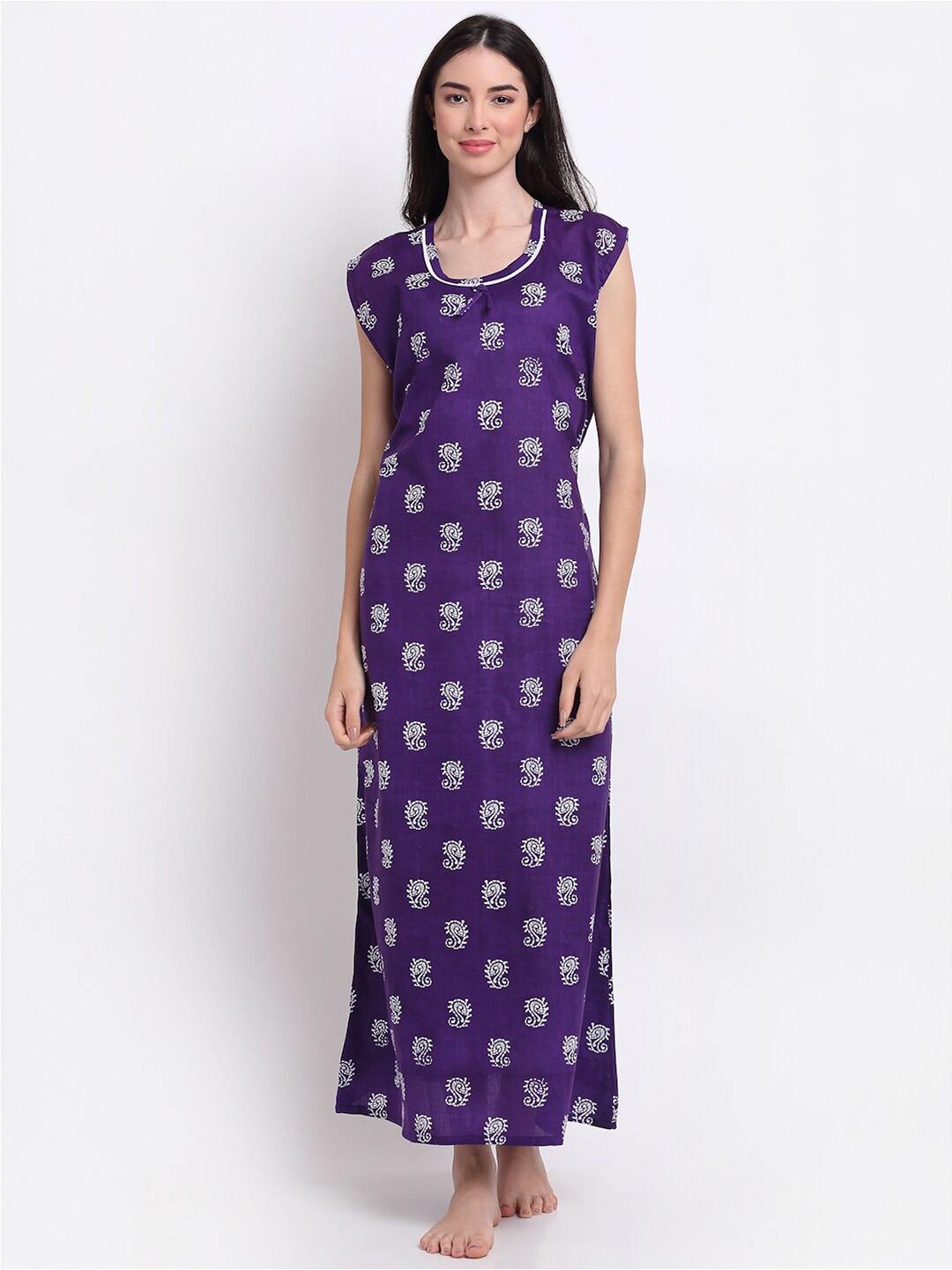 

Secret Wish Purple Printed Pure Cotton Maxi Nightdress