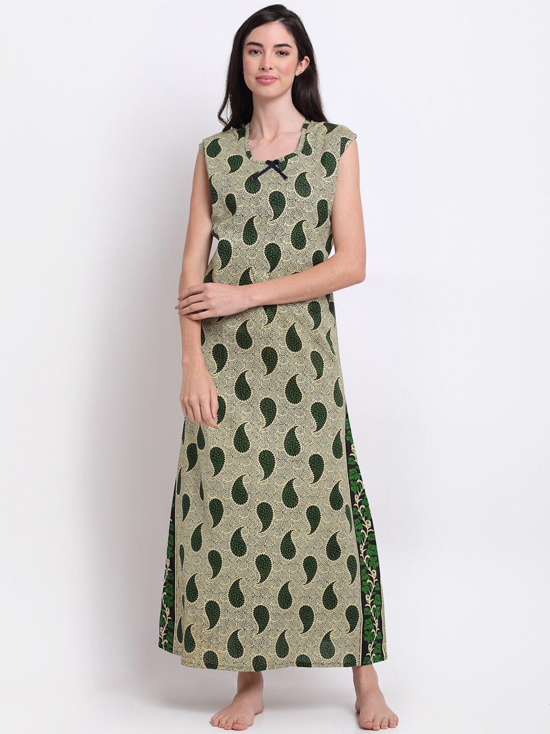 

Secret Wish Green Printed Pure Cotton Maxi Nightdress