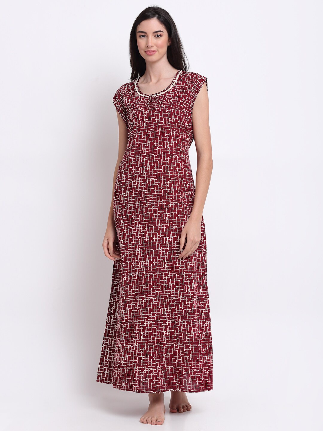 

Secret Wish Maroon Printed Pure Cotton Maxi Nightdress