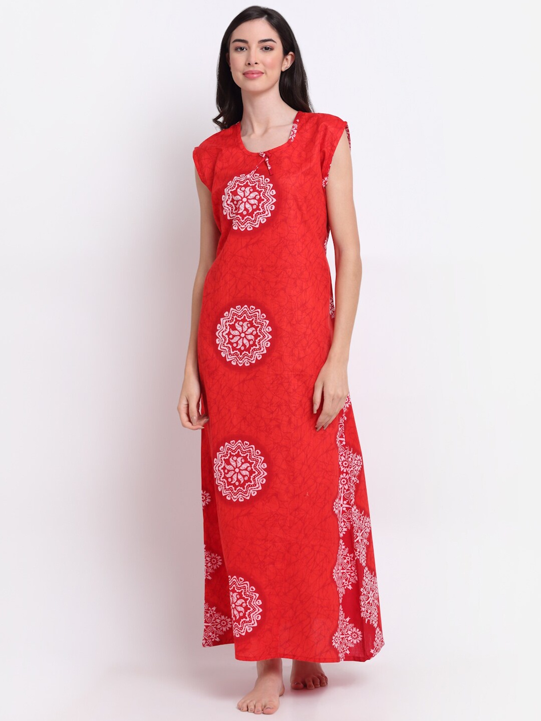 

Secret Wish Red & White Ethnic Motifs Printed Pure Cotton Maxi Nightdress