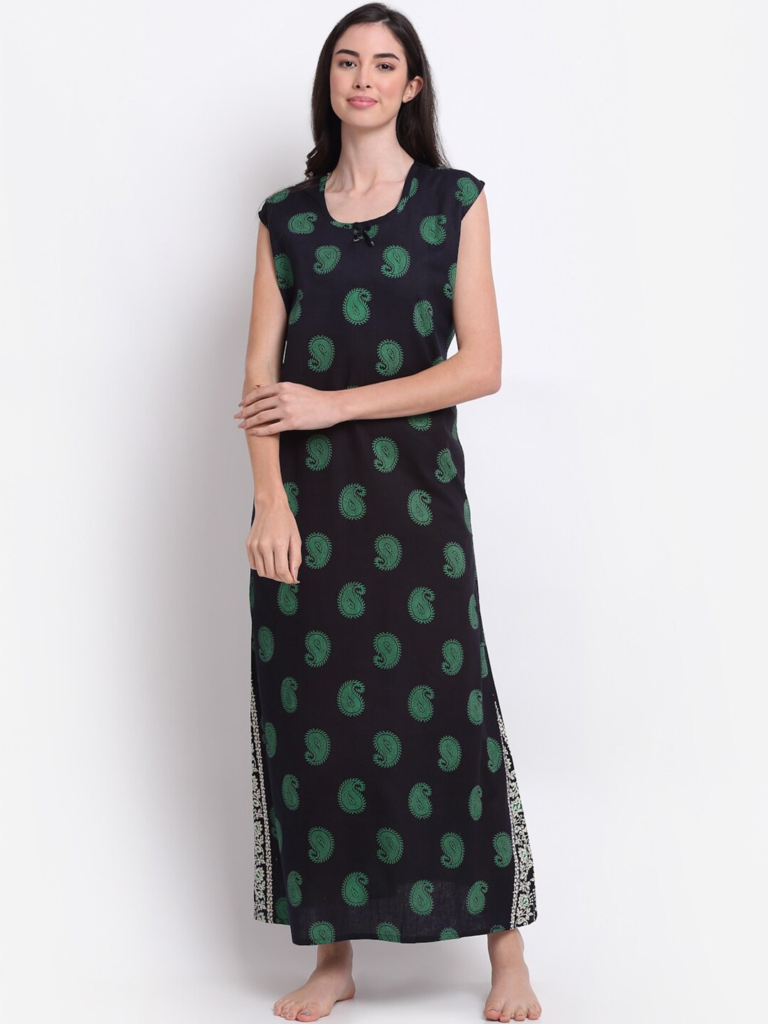 

Secret Wish Navy Blue Printed Pure Cotton Maxi Nightdress