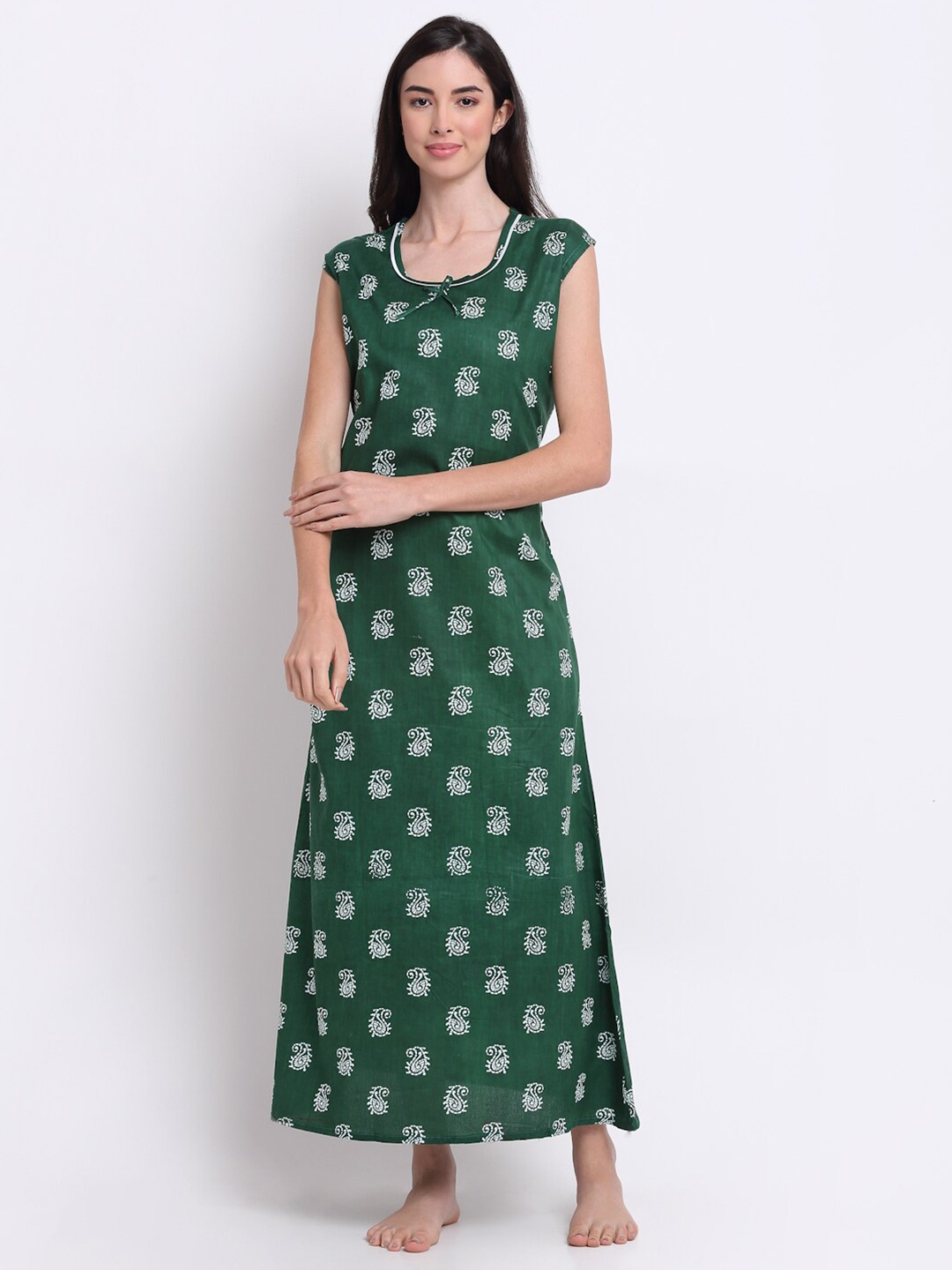 

Secret Wish Green & White Printed Pure Cotton Maxi Nightdress