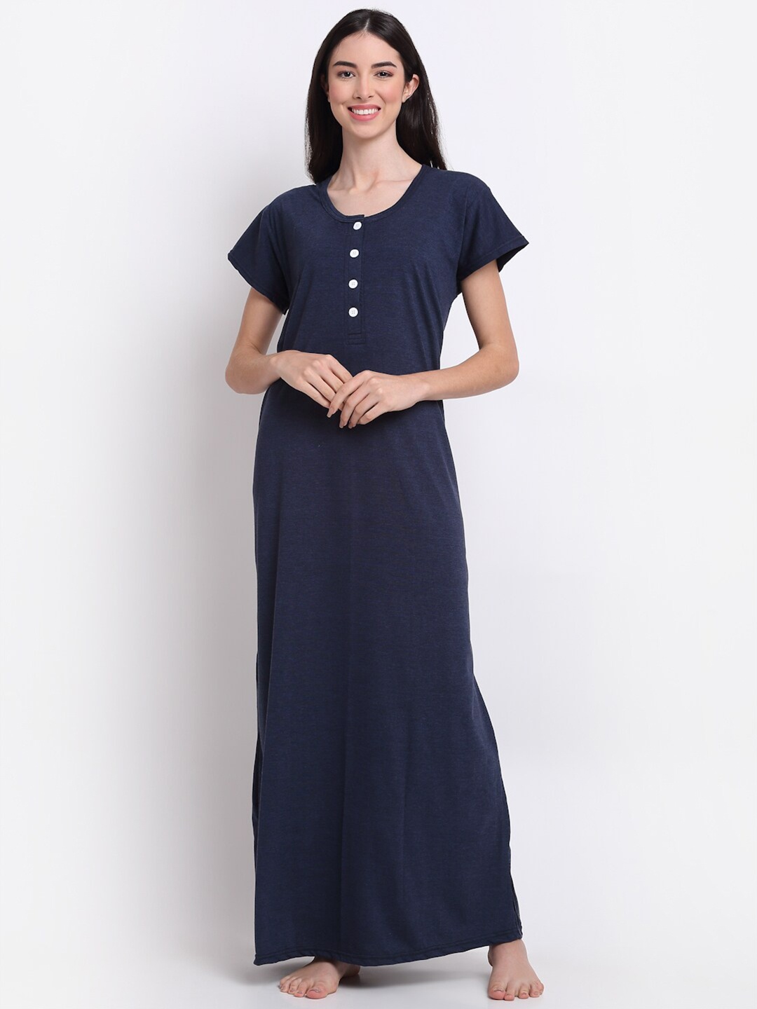 

Secret Wish Navy Blue Pure Cotton Hosiery Maxi Nightdress