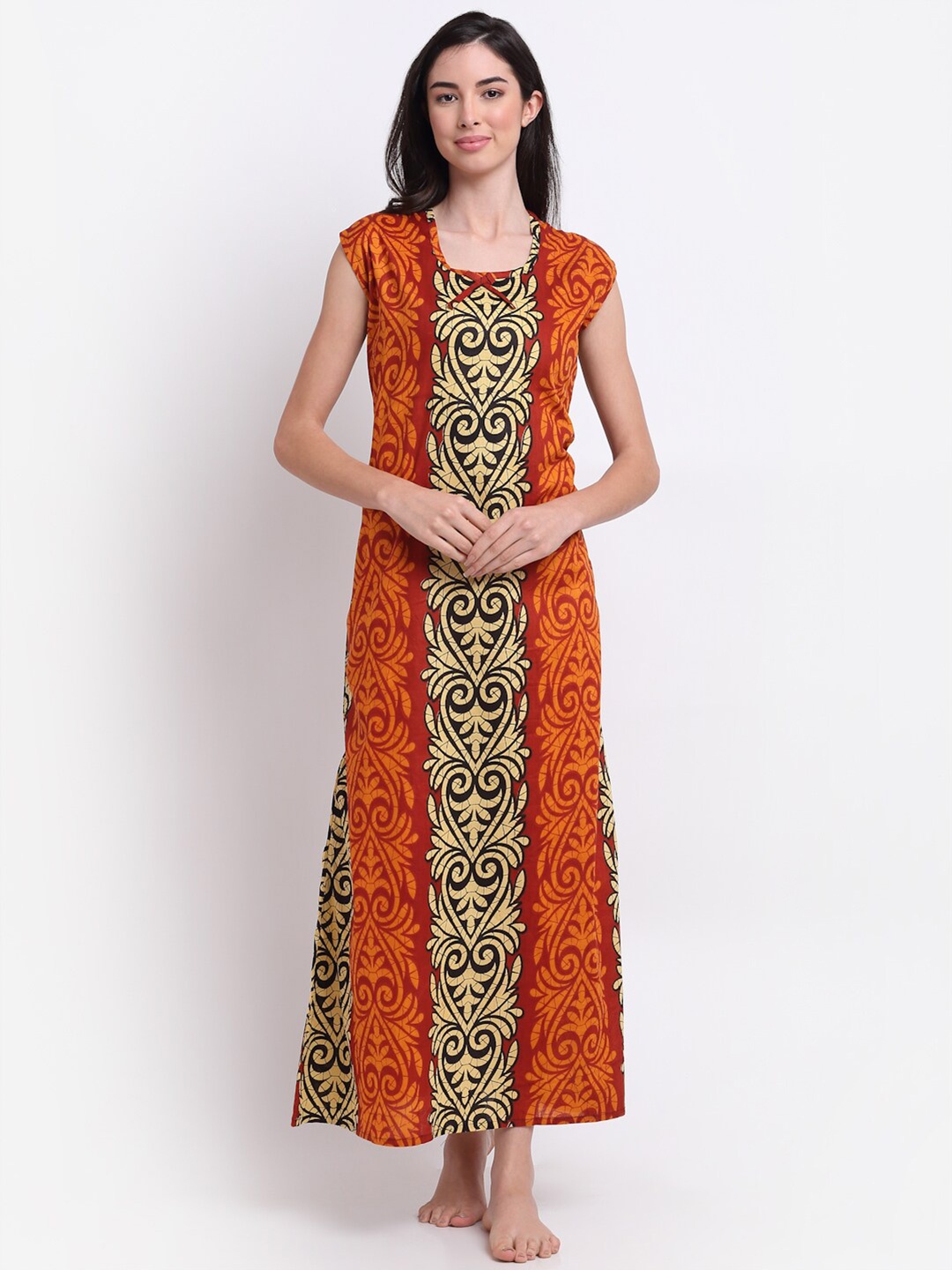 

Secret Wish Gold-Toned & Orange Printed Maxi Nightdress