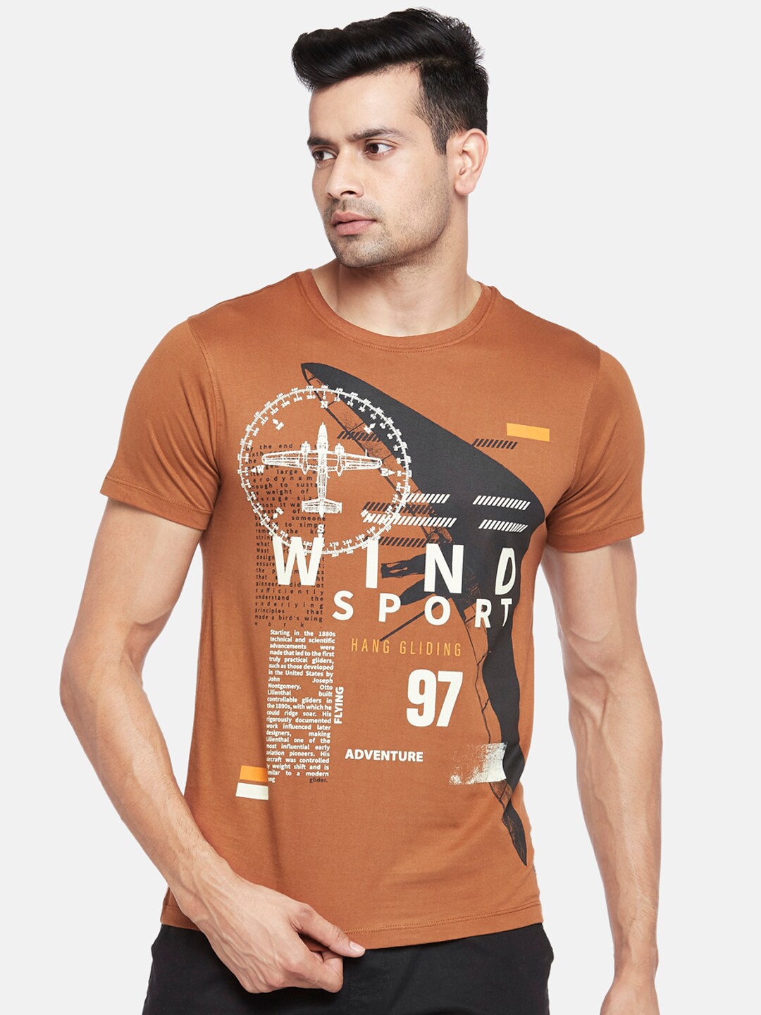 

Urban Ranger by pantaloons Men Rust Cotton Printed Applique Slim Fit T-shirt