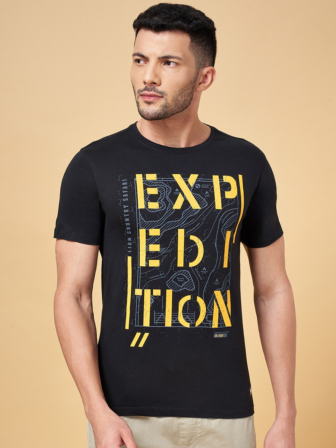 

Urban Ranger by pantaloons Men Charcoal Printed Raw Edge Slim Fit T-shirt