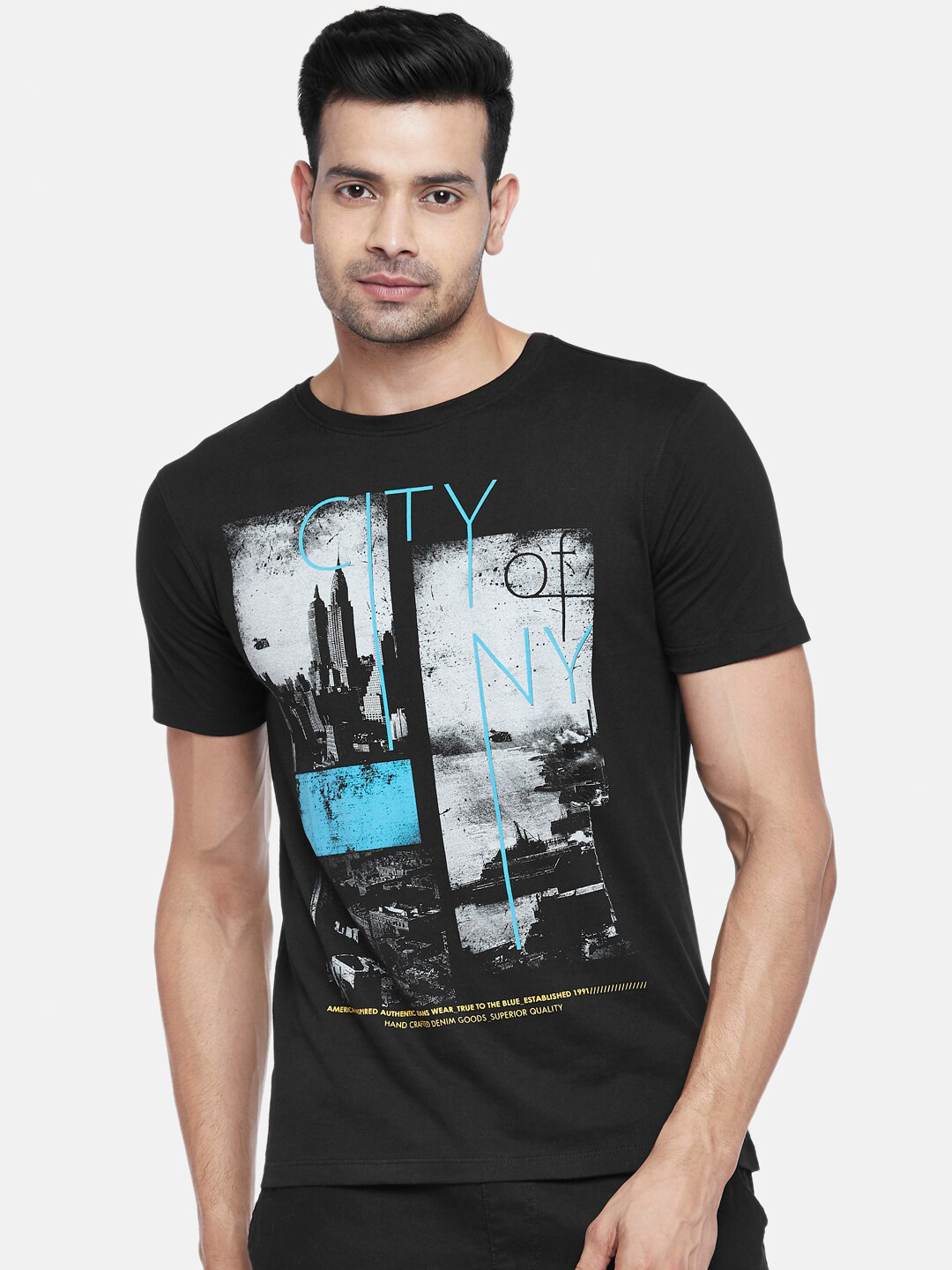 

Urban Ranger by pantaloons Men Black Printed Raw Edge Slim Fit T-shirt