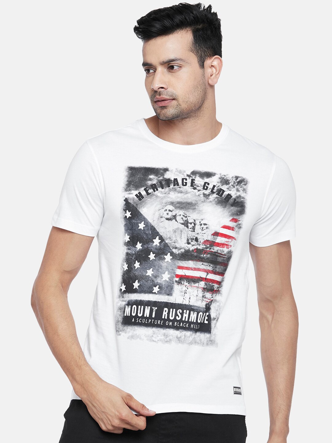 

Urban Ranger by pantaloons Men White & Grey Printed Pure Cotton Slim Fit T-shirt