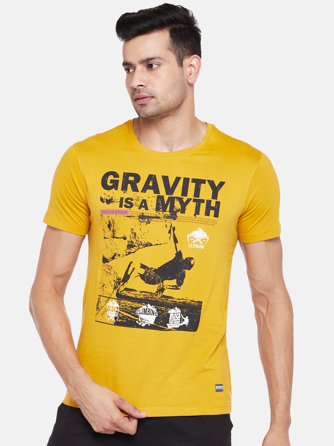 

Urban Ranger by pantaloons Men Mustard Yellow Printed Slim Fit Cotton T-shirt