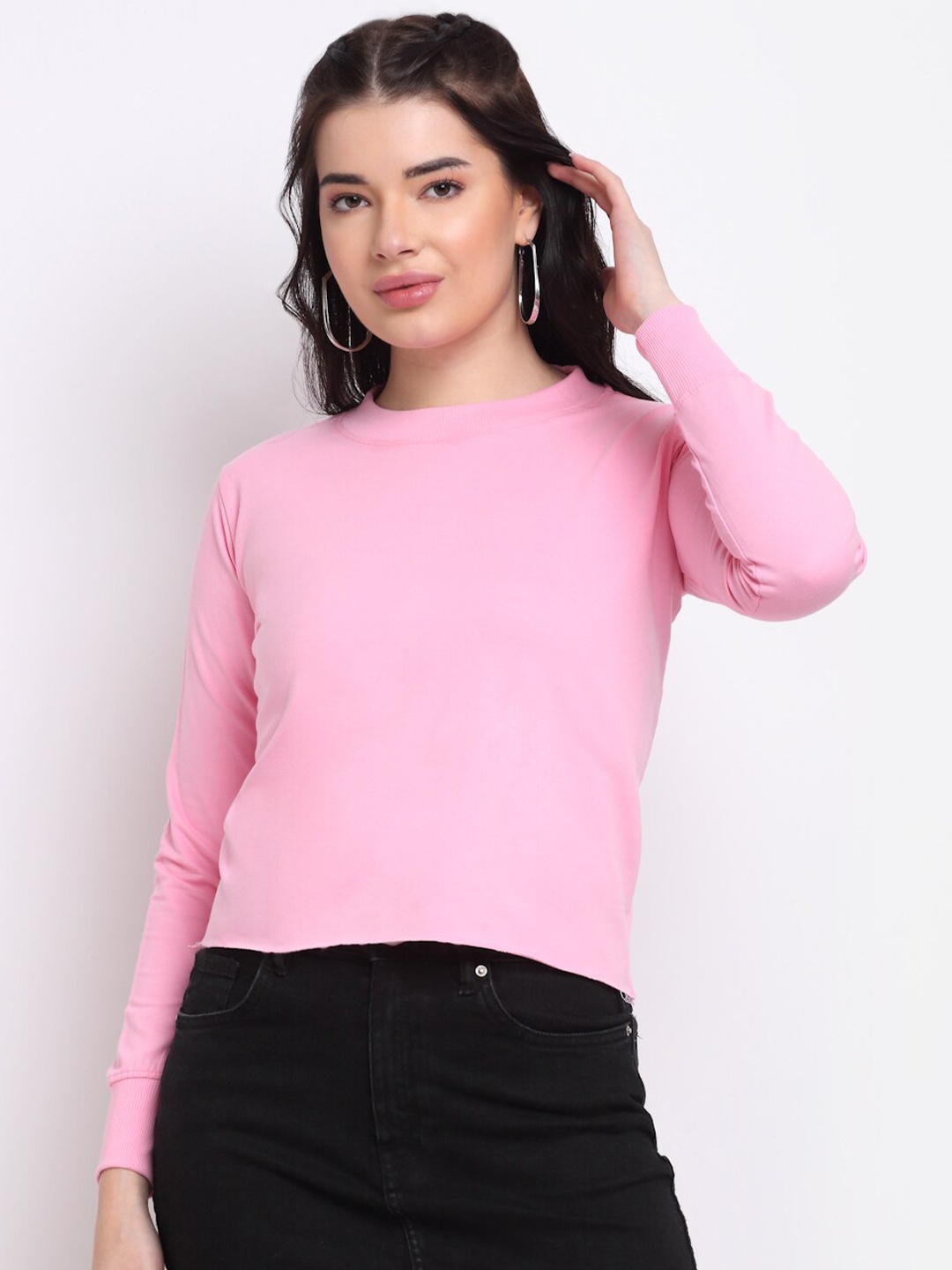 

TAG 7 Women Pink Cropped Pure Cotton Sweatshirt