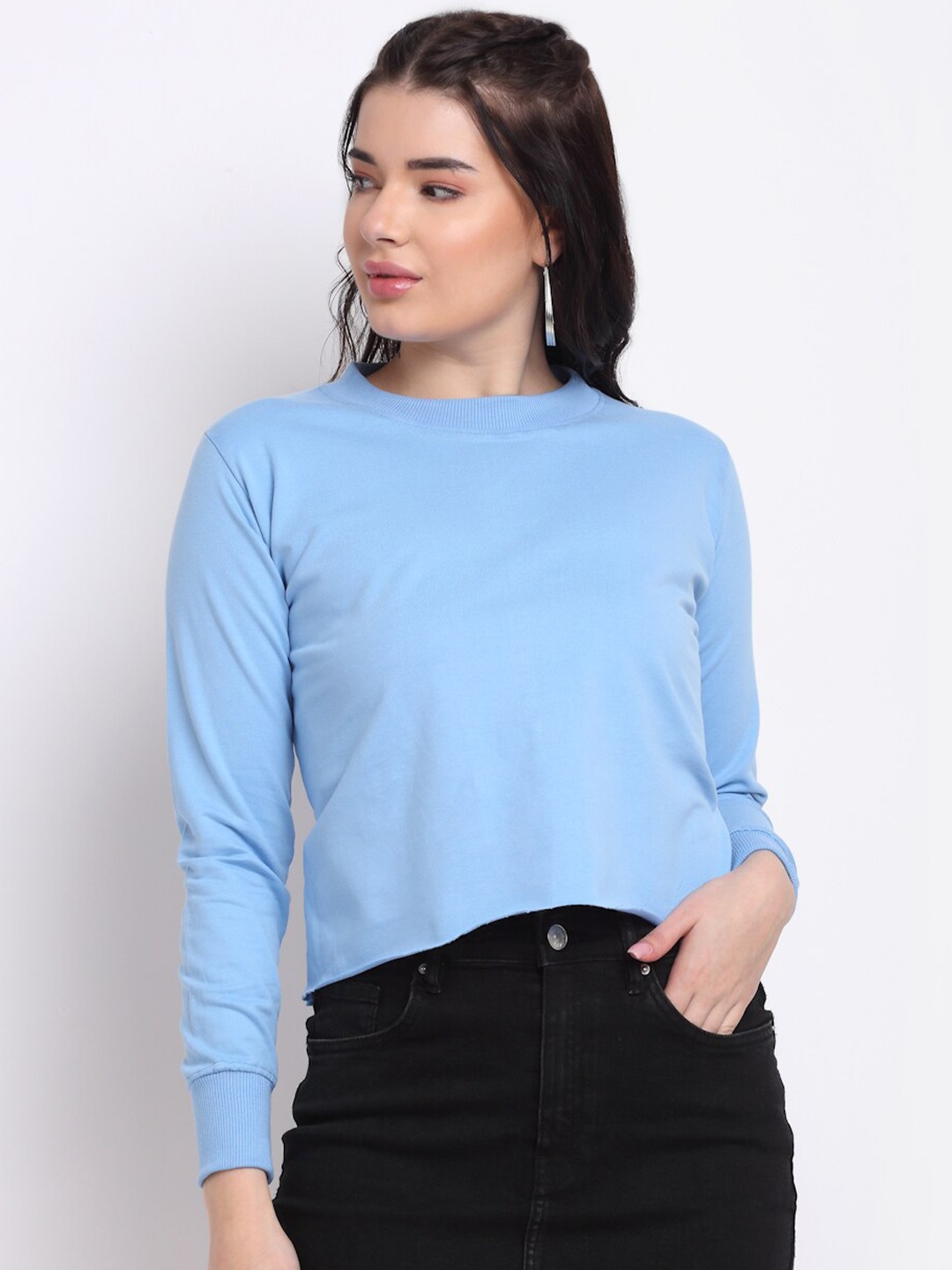 

TAG 7 Women Blue Pure Cotton Cropped Sweatshirt