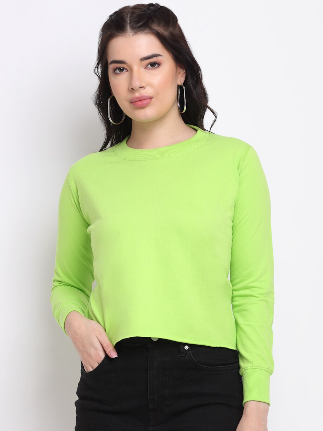 

TAG 7 Women Green Solid Pure Cotton Crop Sweatshirt