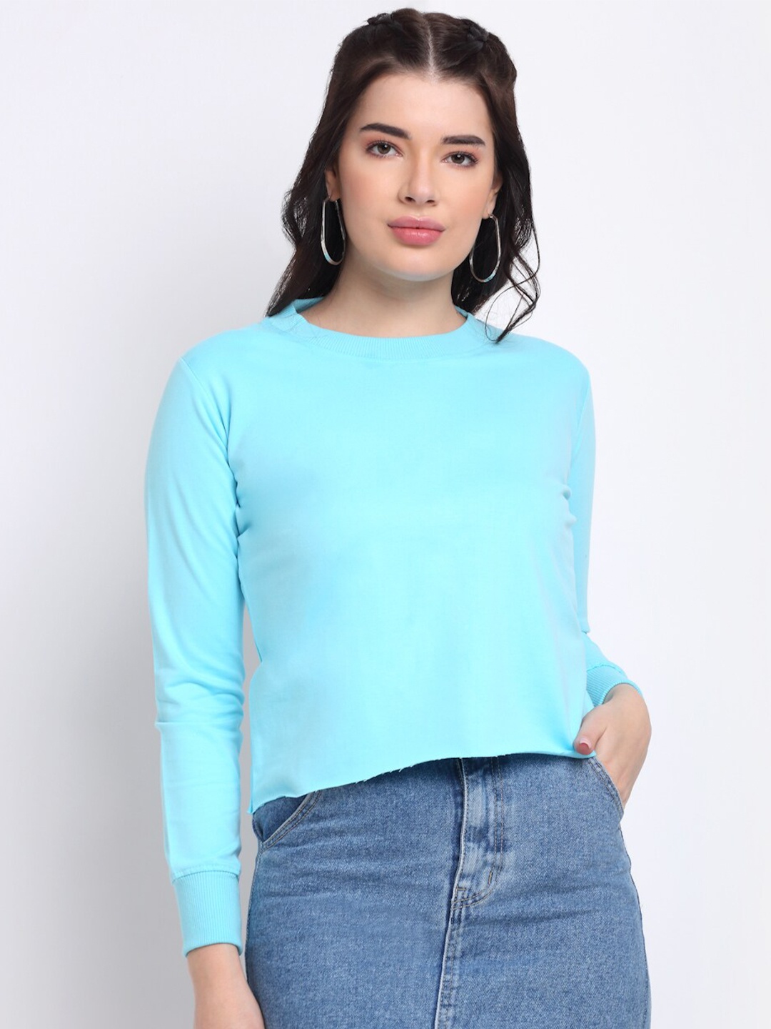 

TAG 7 Women Blue Pure Cotton Sweatshirt