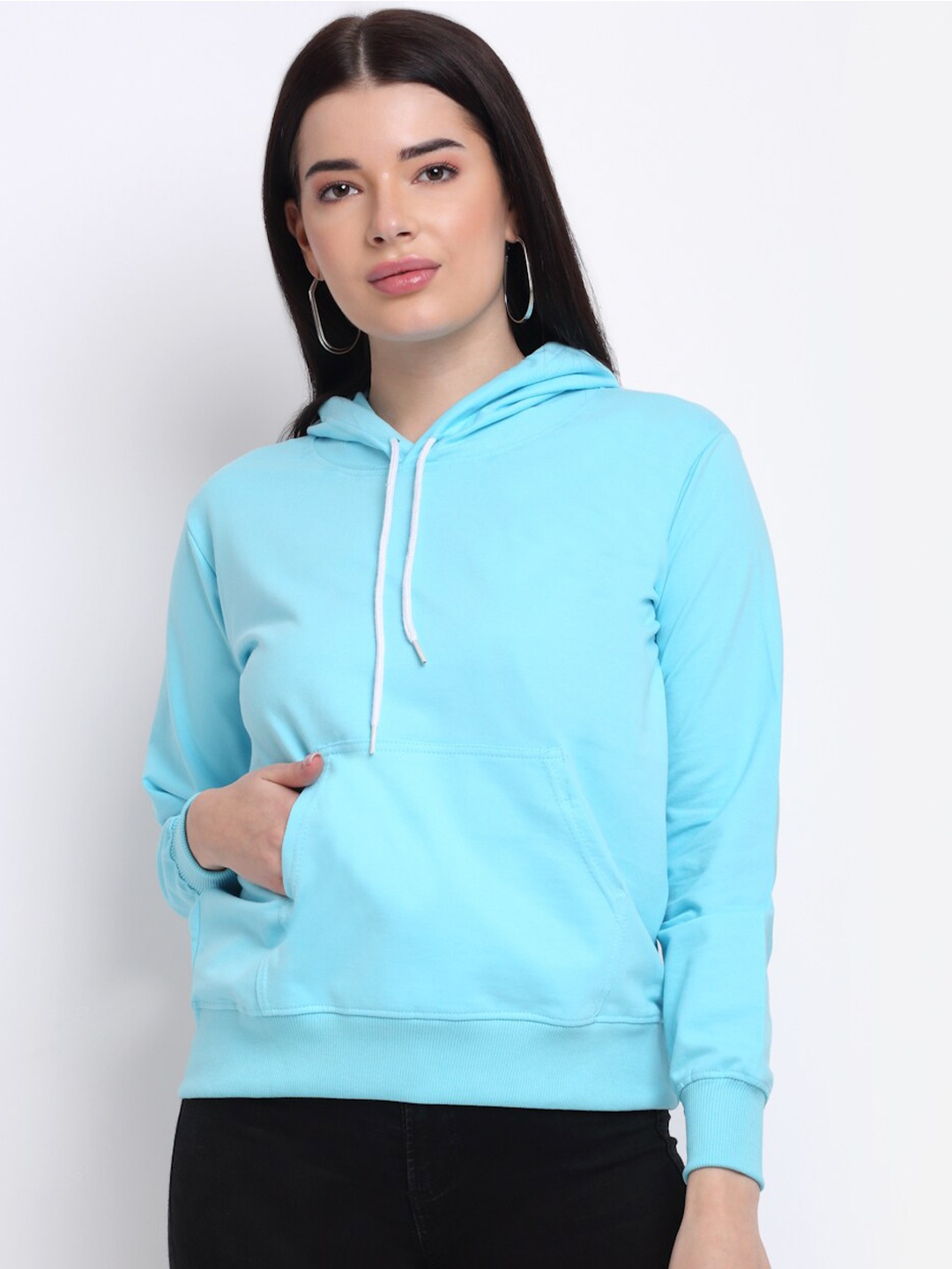 

TAG 7 Women Blue Pure Cotton Hooded Sweatshirt
