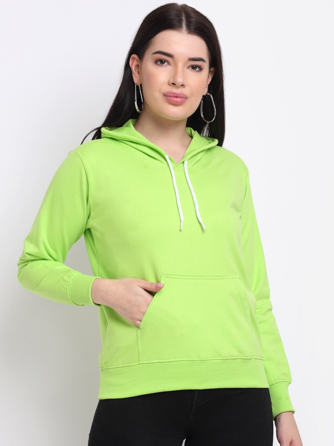 

TAG 7 Women Green Pure Cotton Hooded Sweatshirt