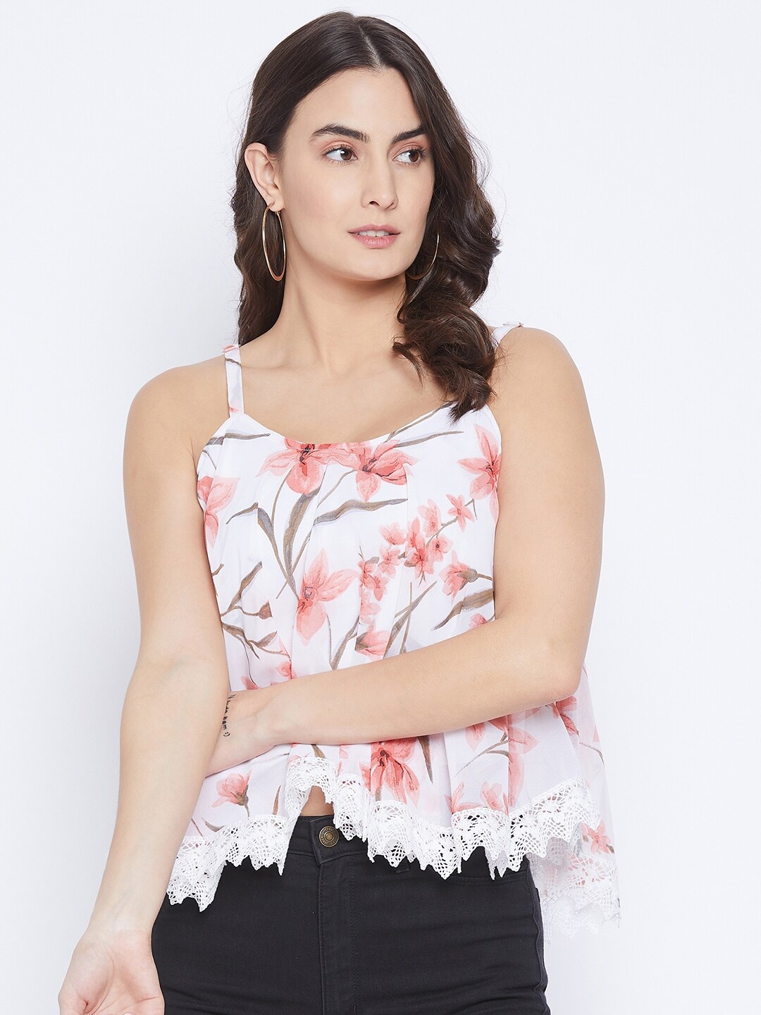 

Bitterlime White & Peach Floral Georgette Regular Top