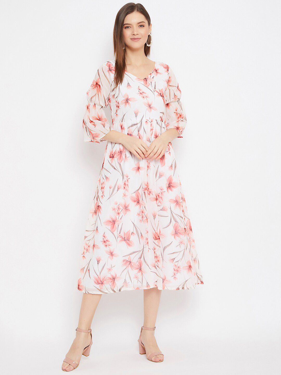 

Bitterlime White Floral Georgette Fit & Flare Midi Dress