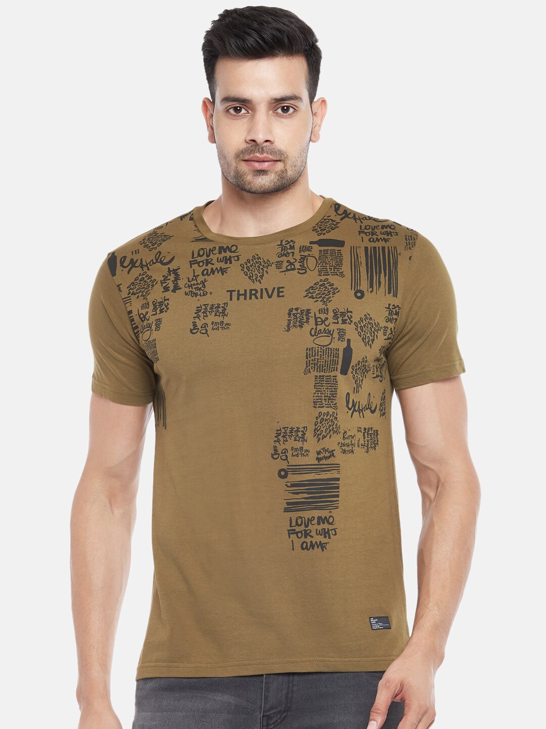 

People Men Olive Green Printed T-shirt