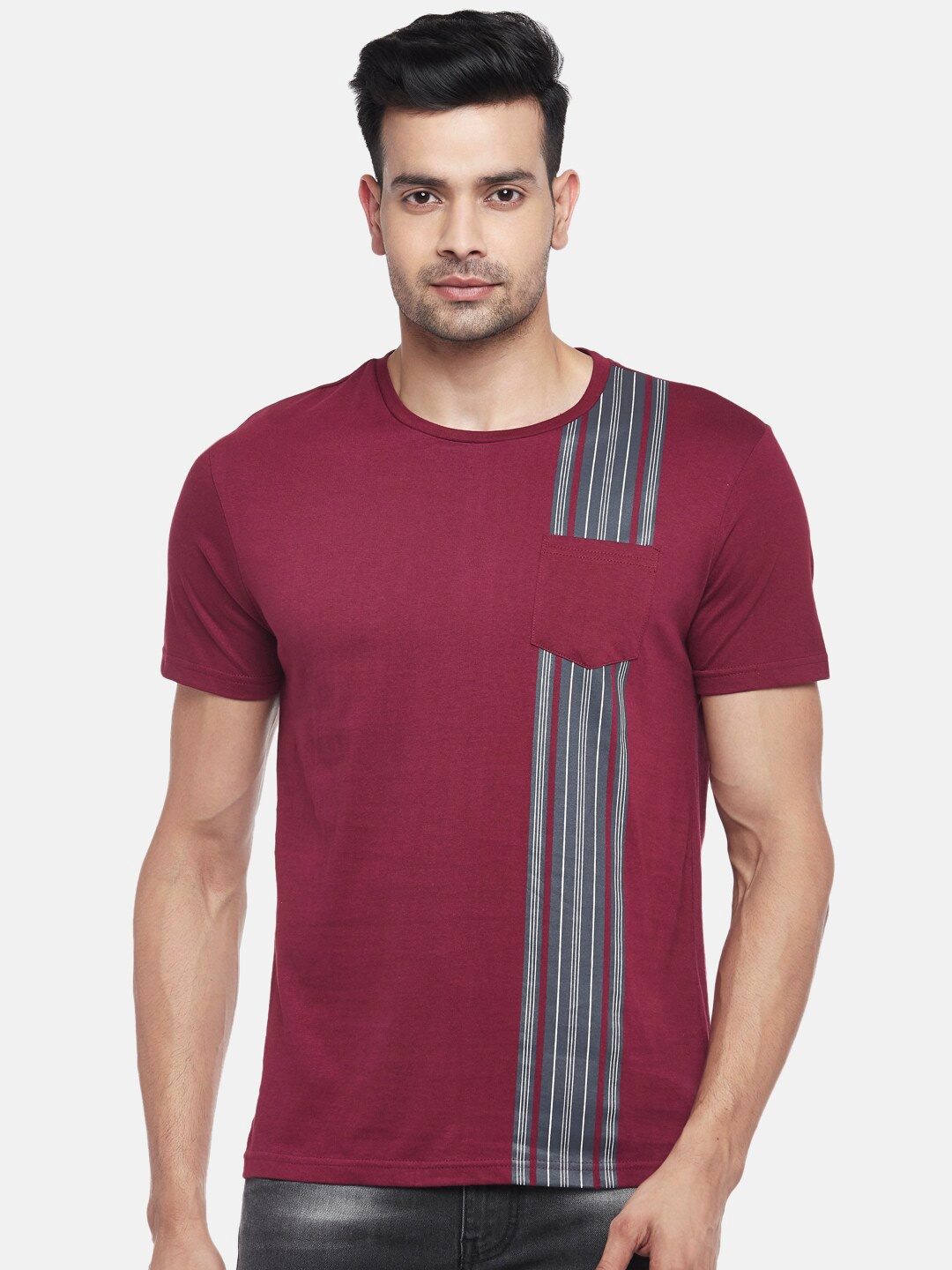 

People Men Maroon & Blue Striped T-shirt