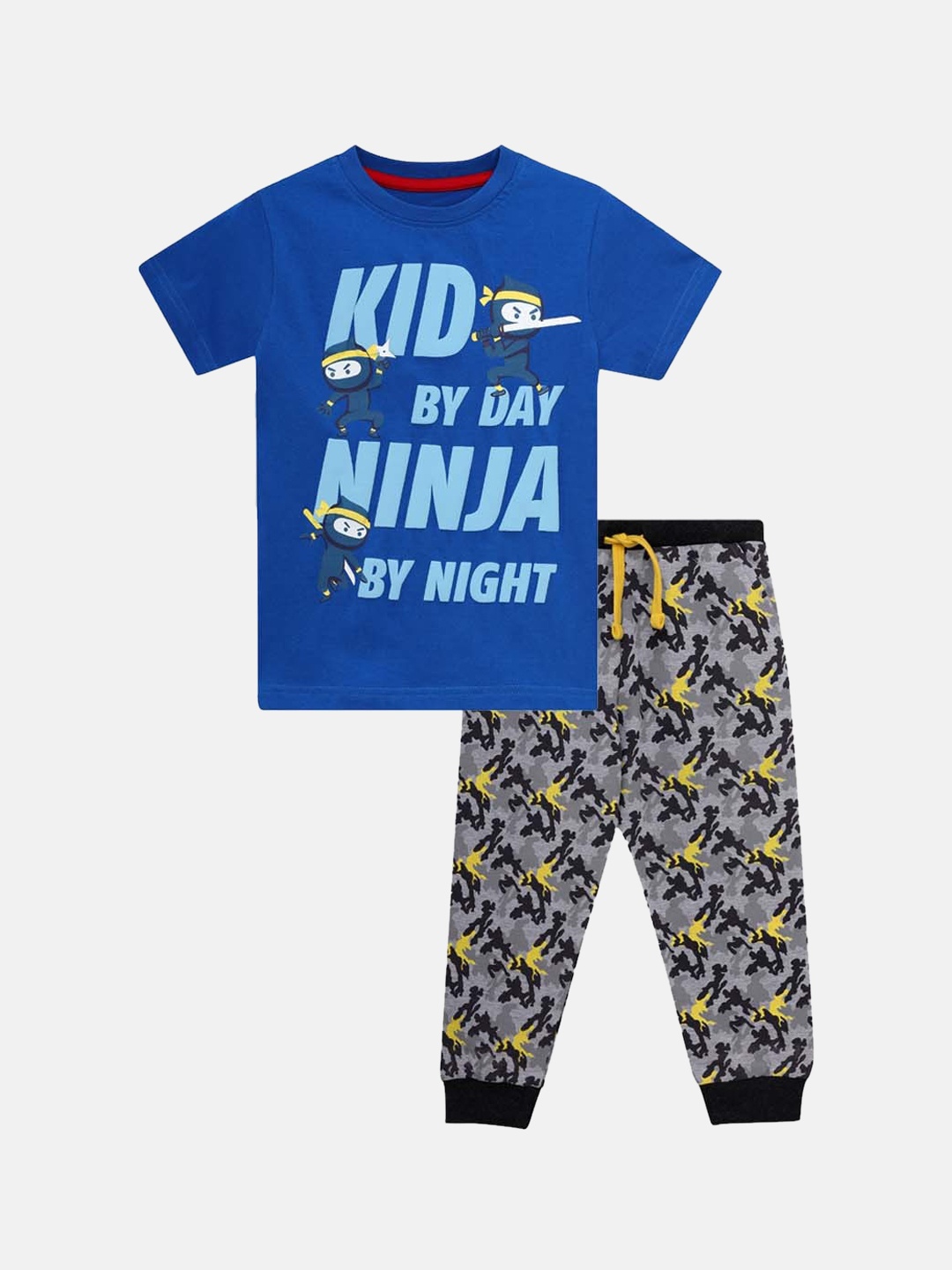 

THETA Boys Navy Blue & Grey Ninja Printed Pure Cotton 2 Pc Night Suit